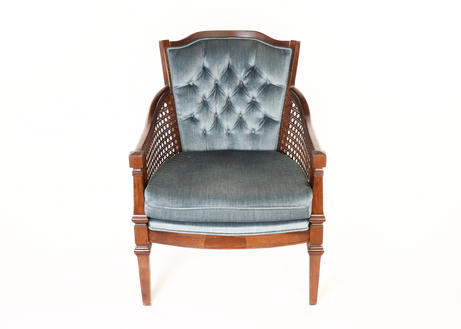 Mid Century Blue Upholstered and Cane Panel Armchair by D R