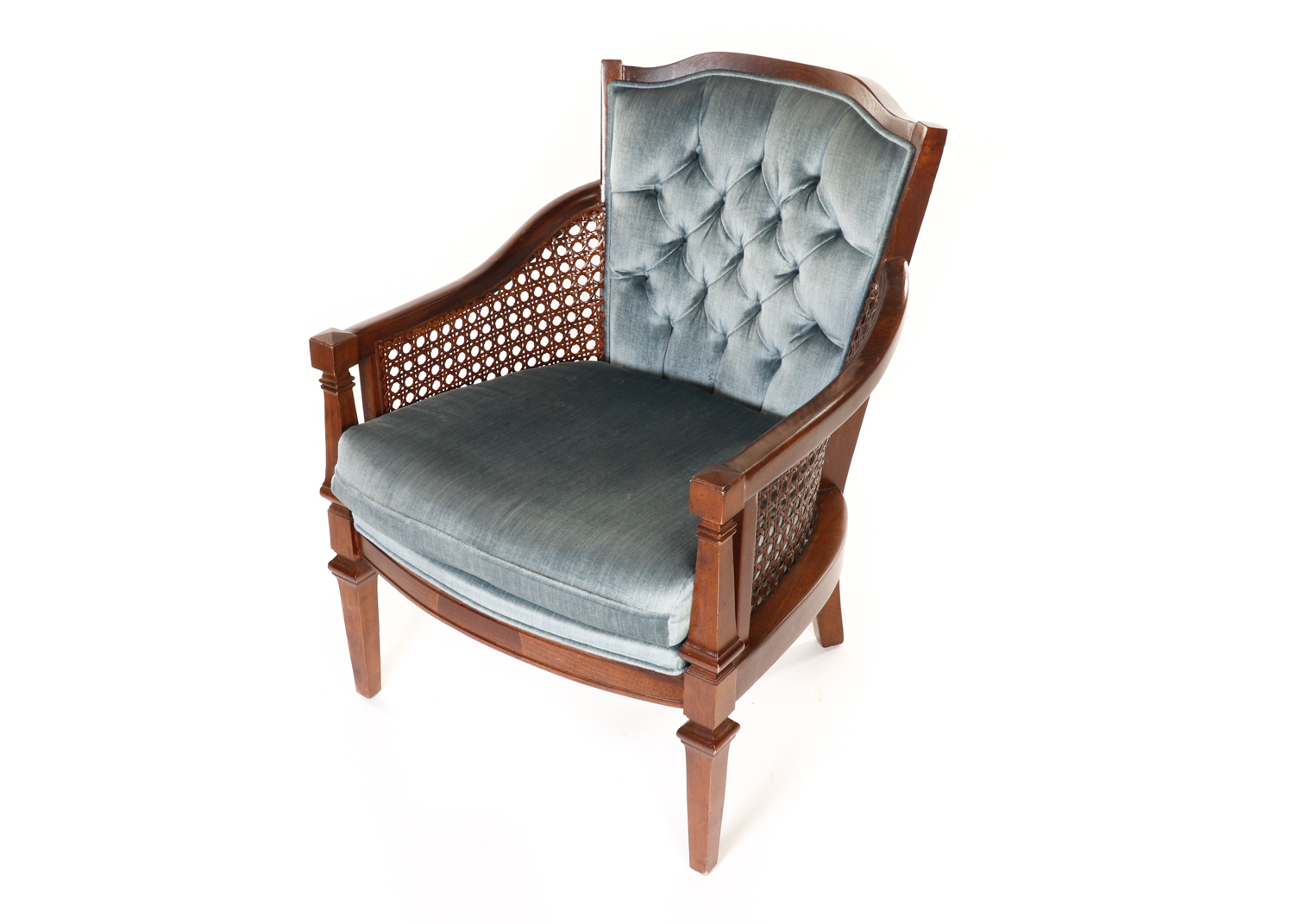 Mid-Century Blue Upholstered and Cane Panel Armchair by D R Kincaid