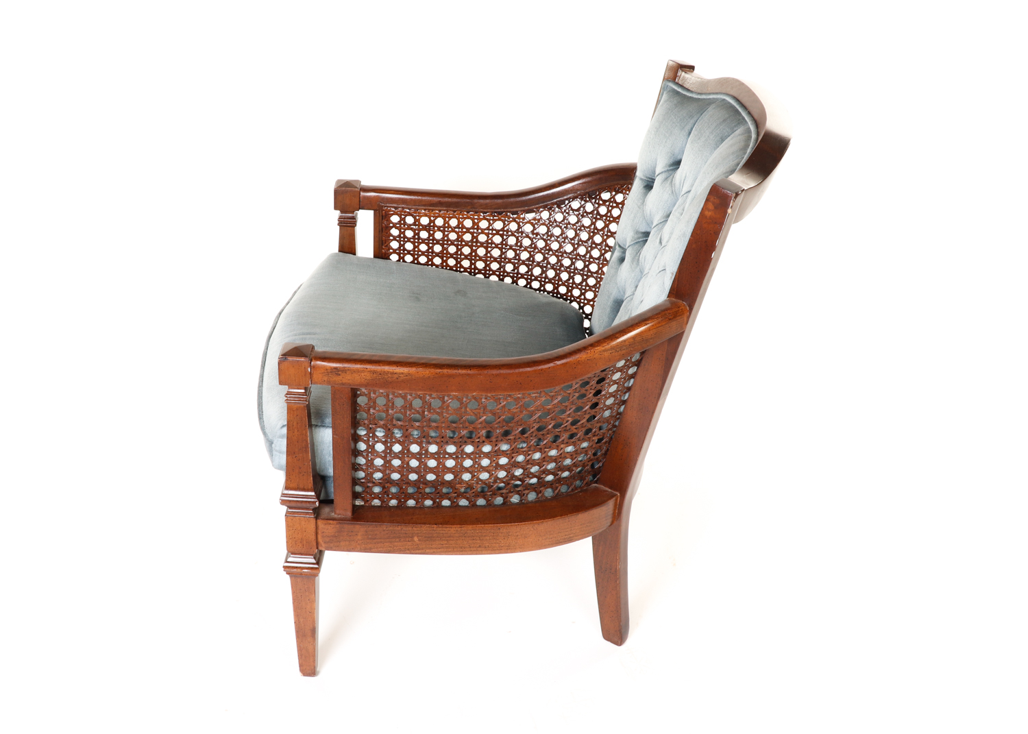 Mid-Century Blue Upholstered and Cane Panel Armchair by D R Kincaid