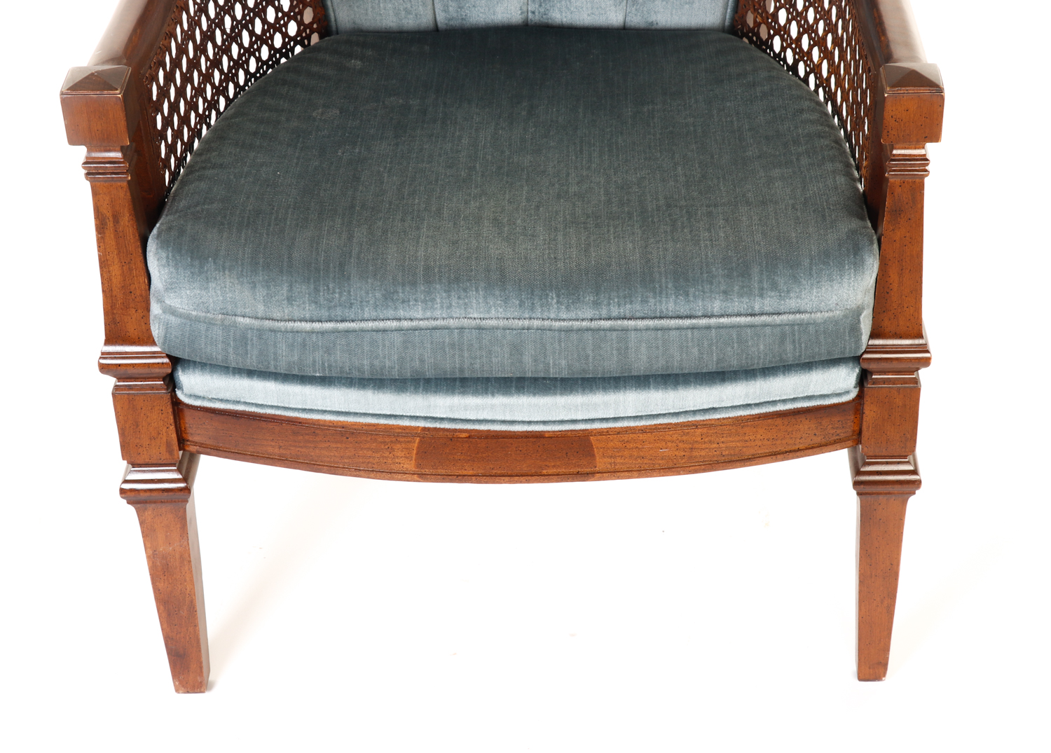 Mid-Century Blue Upholstered and Cane Panel Armchair by D R Kincaid