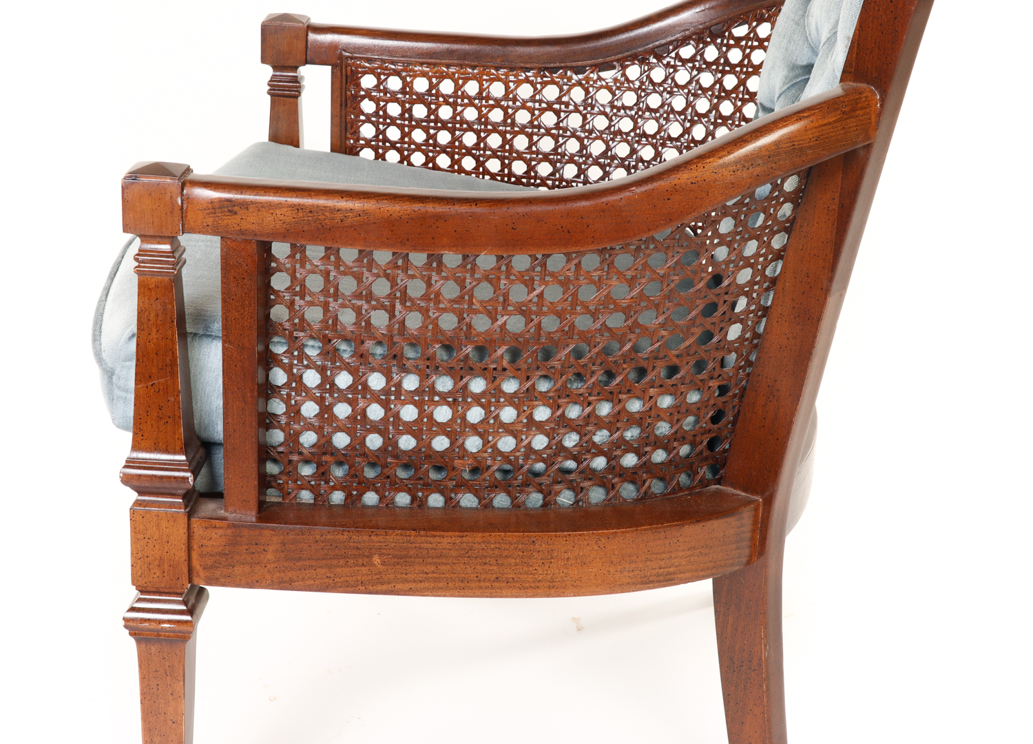 Mid-Century Blue Upholstered and Cane Panel Armchair by D R Kincaid