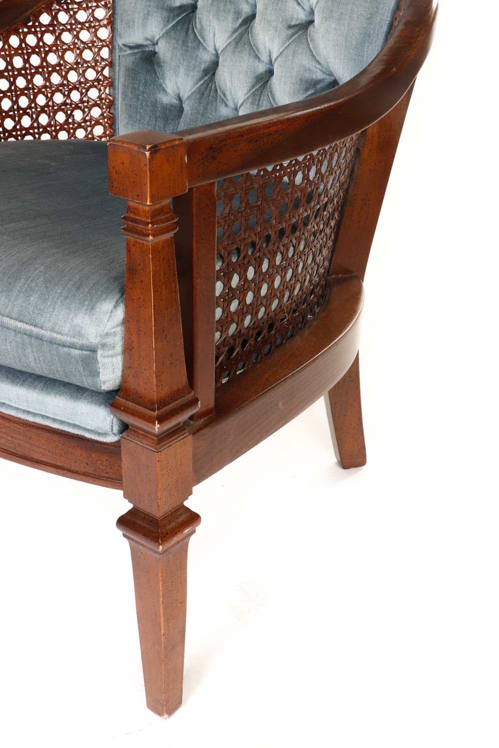 Mid-Century Blue Upholstered and Cane Panel Armchair by D R Kincaid