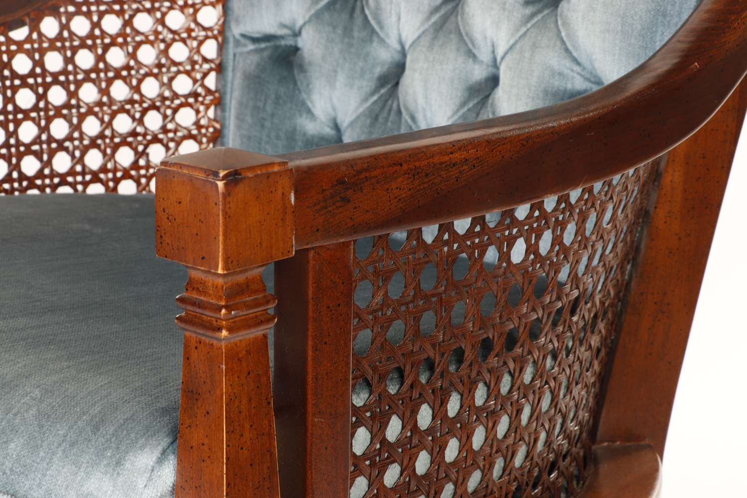 Mid-Century Blue Upholstered and Cane Panel Armchair by D R Kincaid