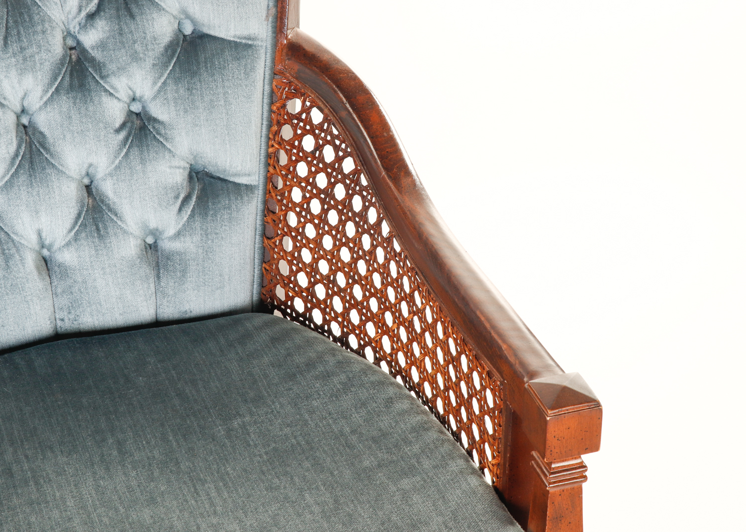 Mid-Century Blue Upholstered and Cane Panel Armchair by D R Kincaid