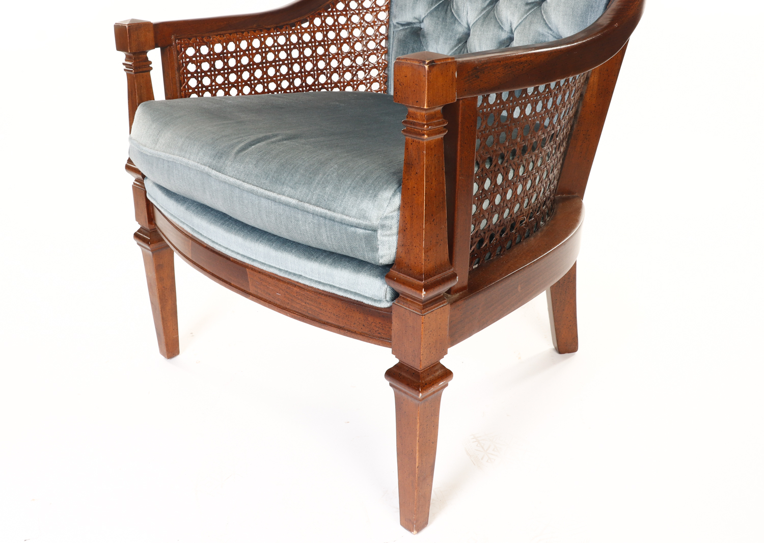 Mid-Century Blue Upholstered and Cane Panel Armchair by D R Kincaid