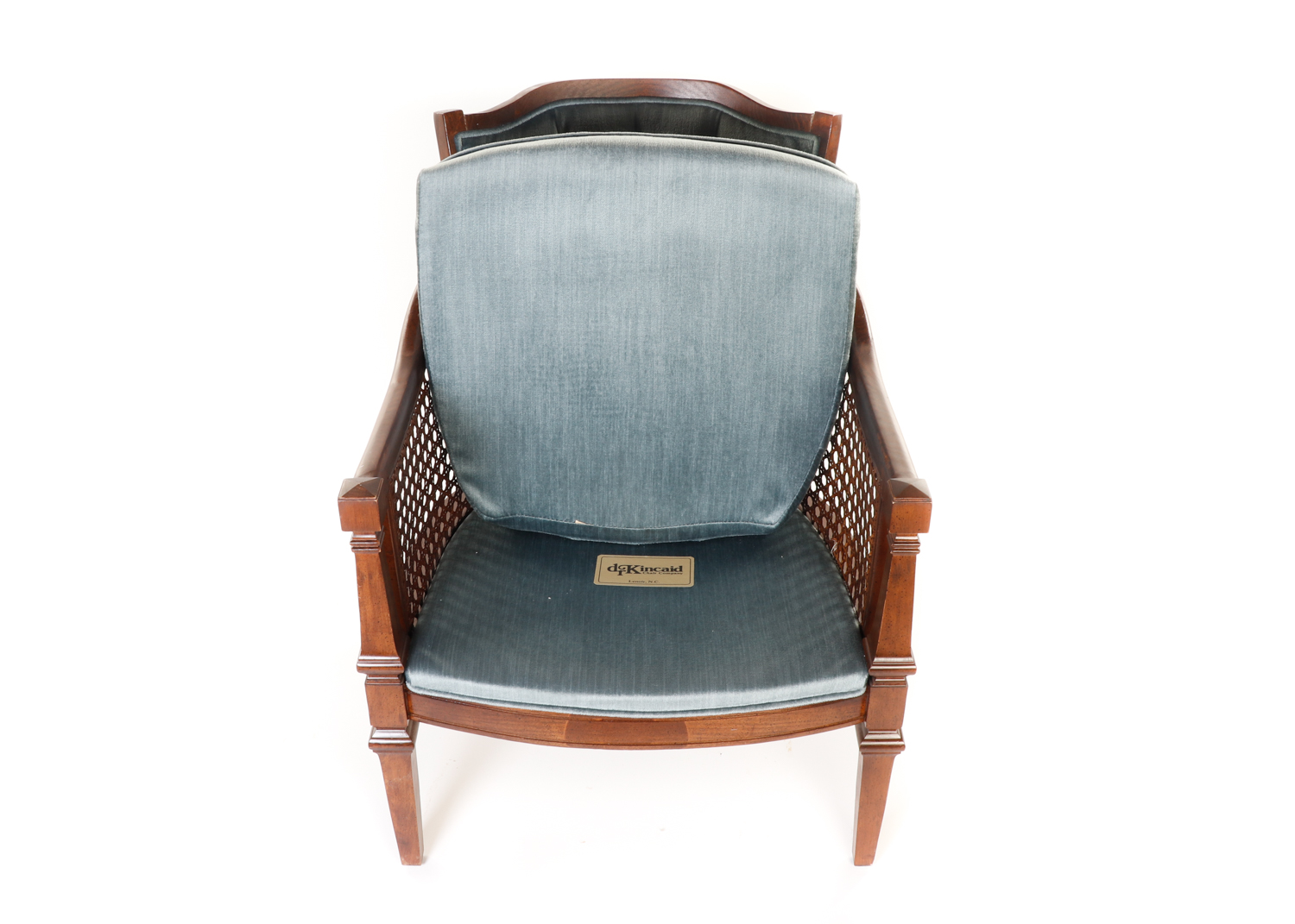 Mid-Century Blue Upholstered and Cane Panel Armchair by D R Kincaid