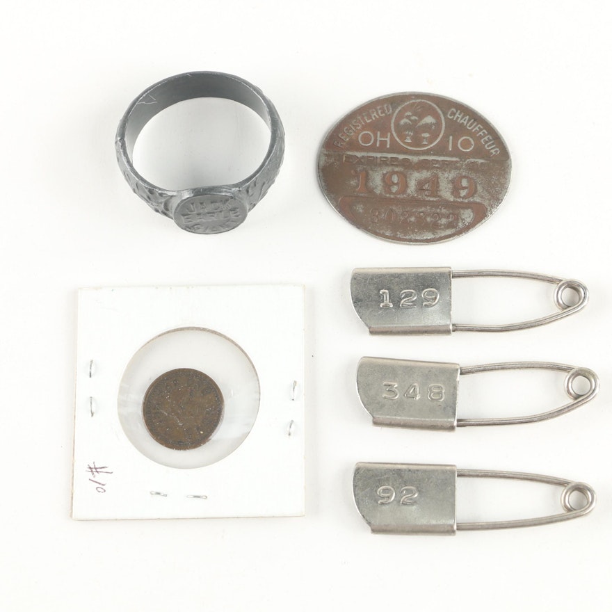 Jack Earle Ring, Chauffeur's License Badge, Swim Suit Pins and More