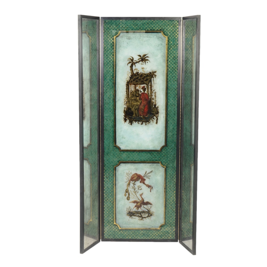 English Chinoiserie Reverse Painted Mirrored Floor Screen