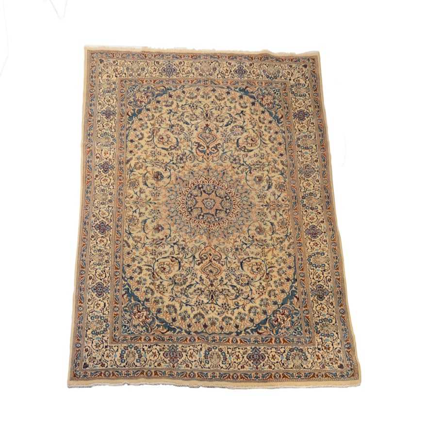 Vintage Hand-Knotted Persian Nain Wool and Part Silk Area Rug