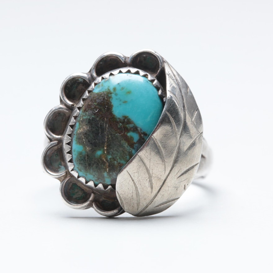 Southwestern Style Sterling Silver and Silver Tone Turquoise Ring