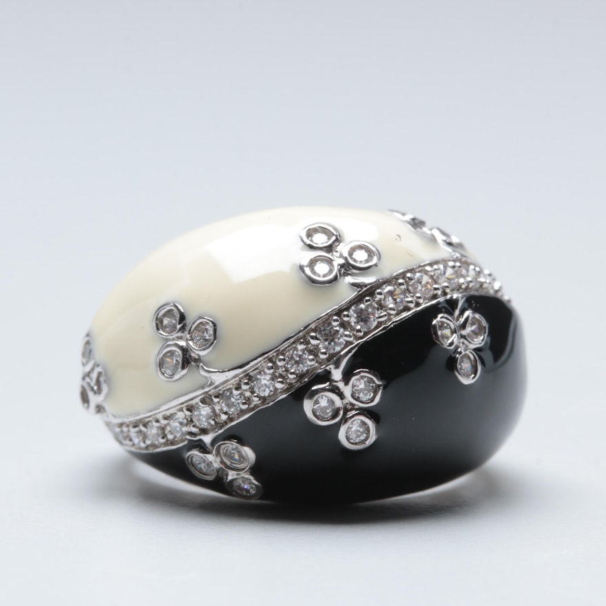 Sterling Silver Black and Cream Enamel Ring with Cubic Zirconia Accents