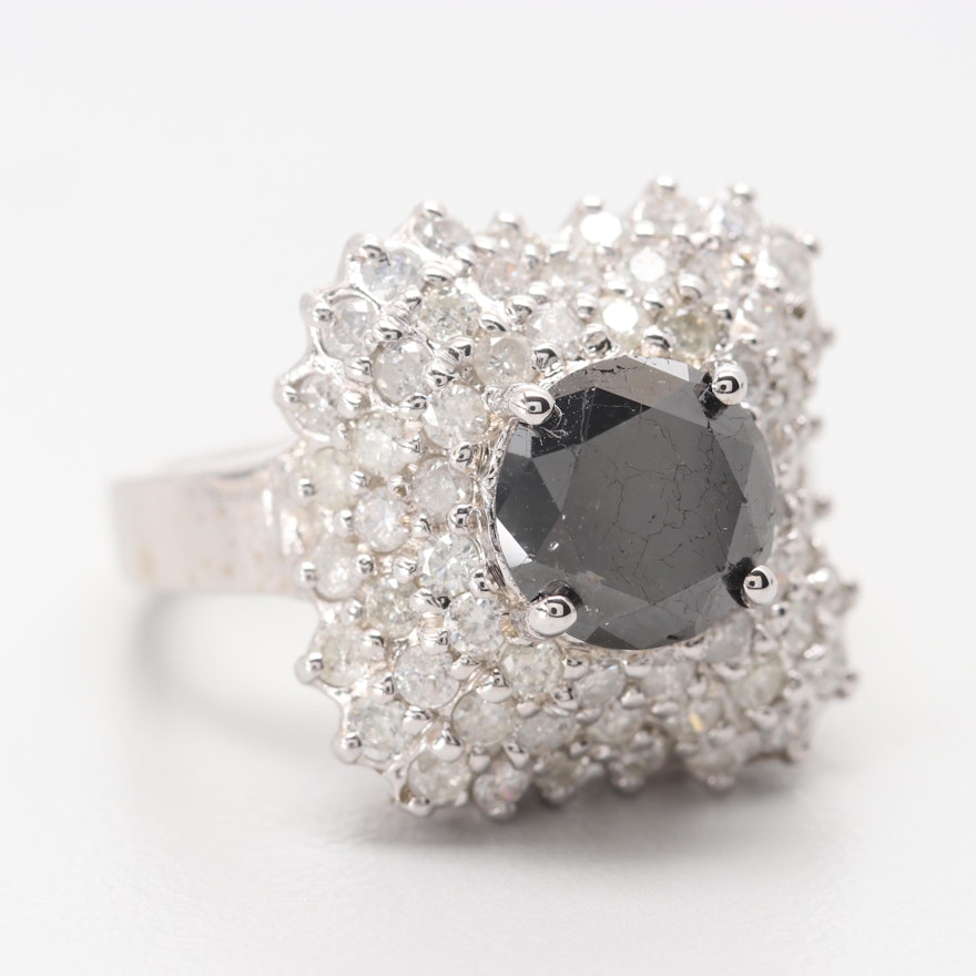 14K White Gold 2.28 CT Black Diamond Ring with 1.52 CTW Diamond Accents