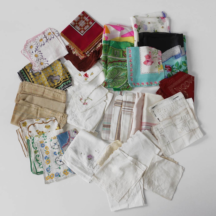 Group of Vintage Handkerchiefs, Napkins, Scarves