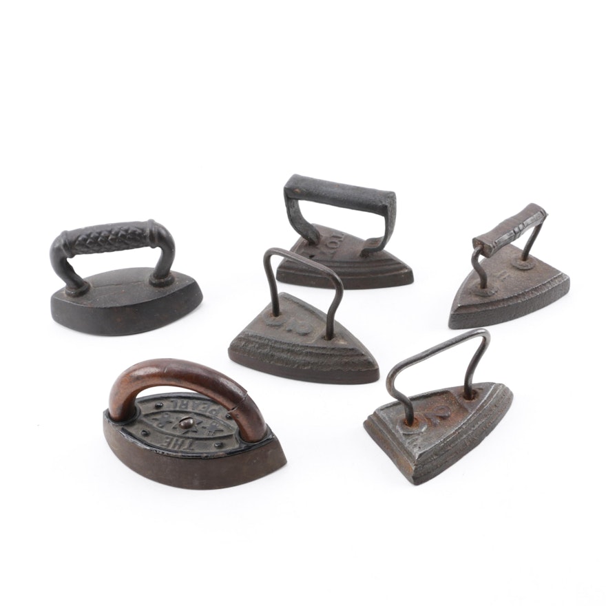 Six Antique Miniature Sad Iron Toys