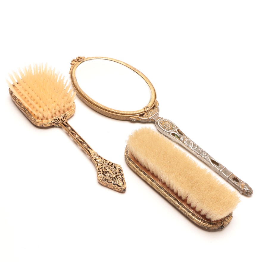 Vintage Gold Tone Vanity set Including an Apollo Hand Mirror and More