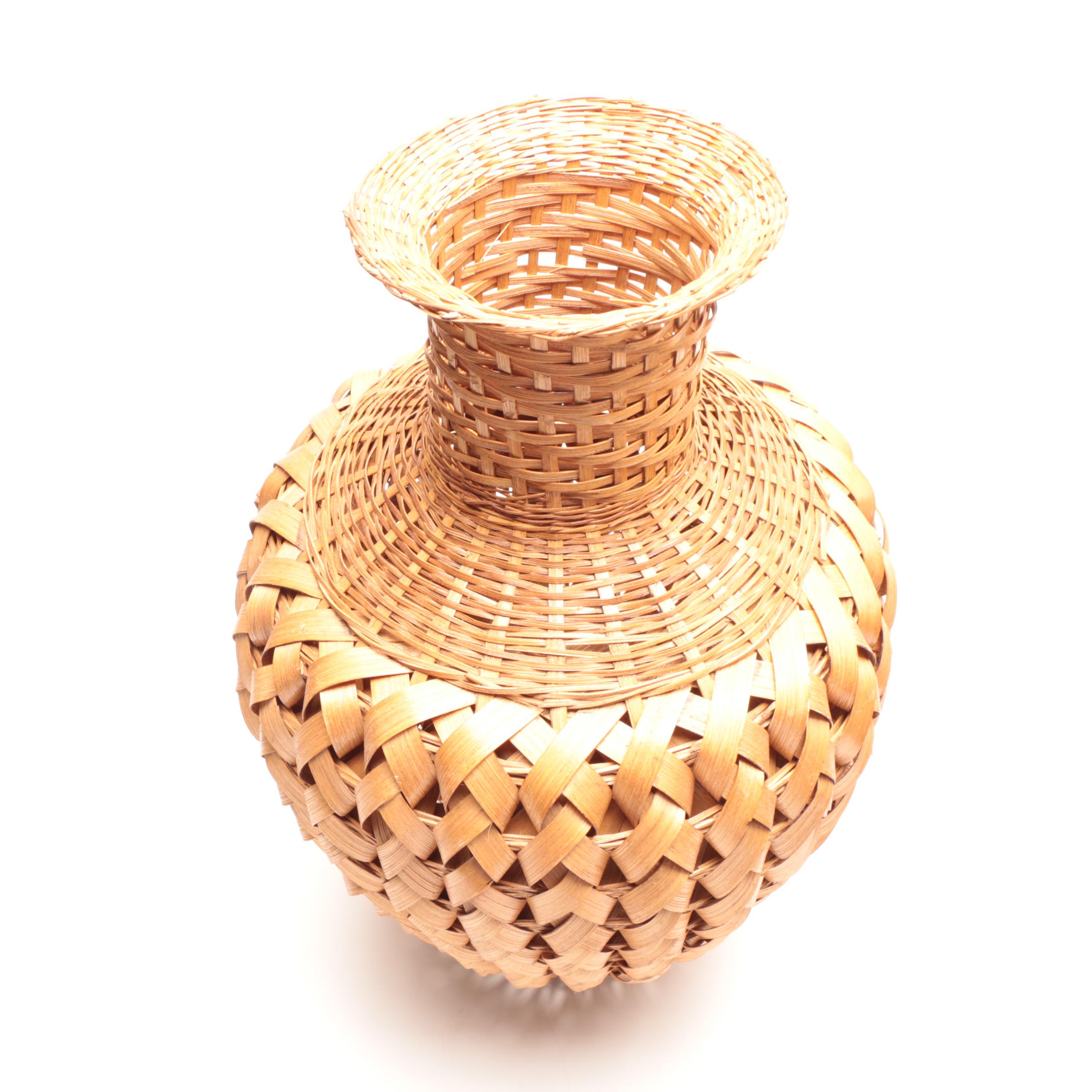 Grouping of Hand Woven Wicker Baskets Including Fishing Trap Style Basket