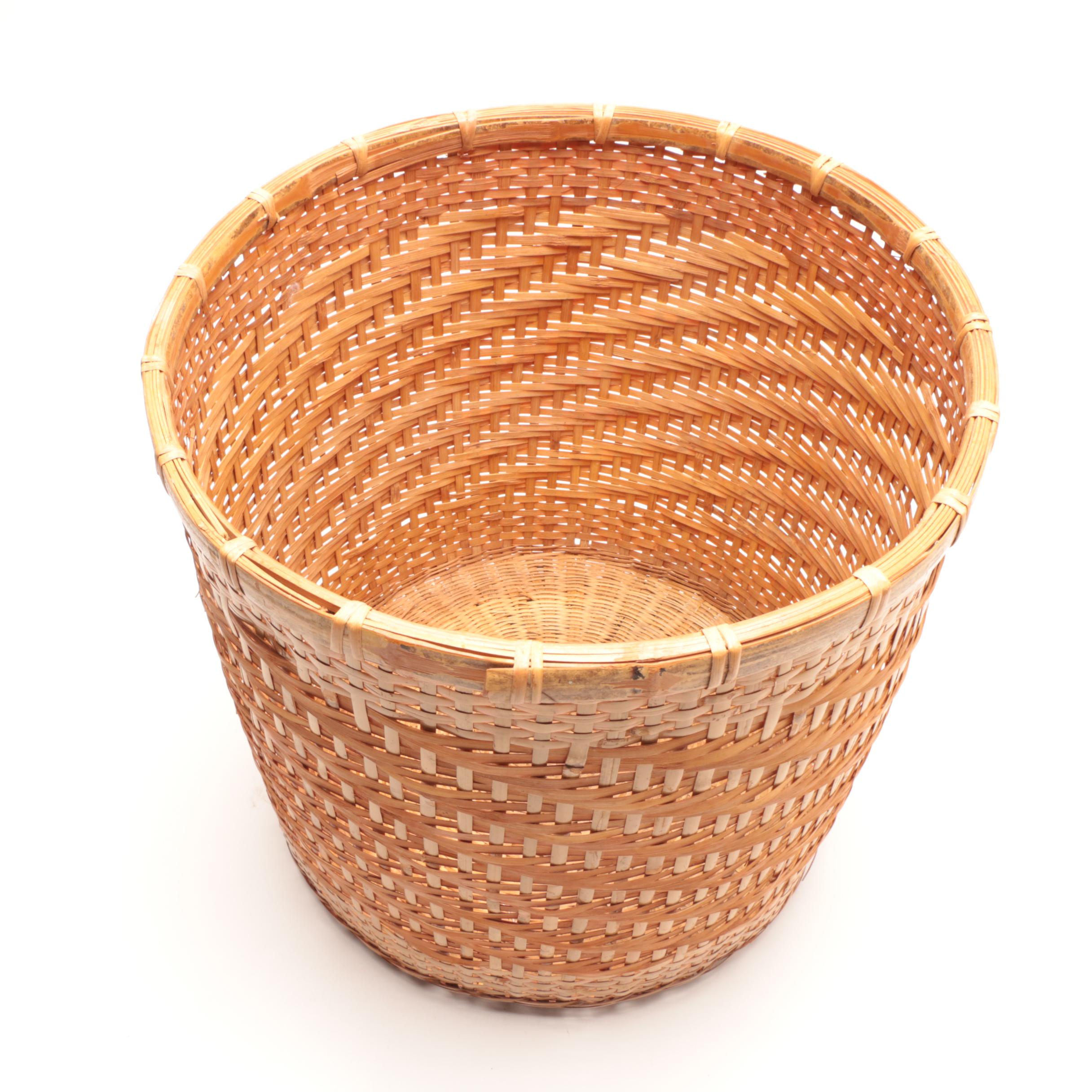 Grouping of Hand Woven Wicker Baskets Including Fishing Trap Style Basket