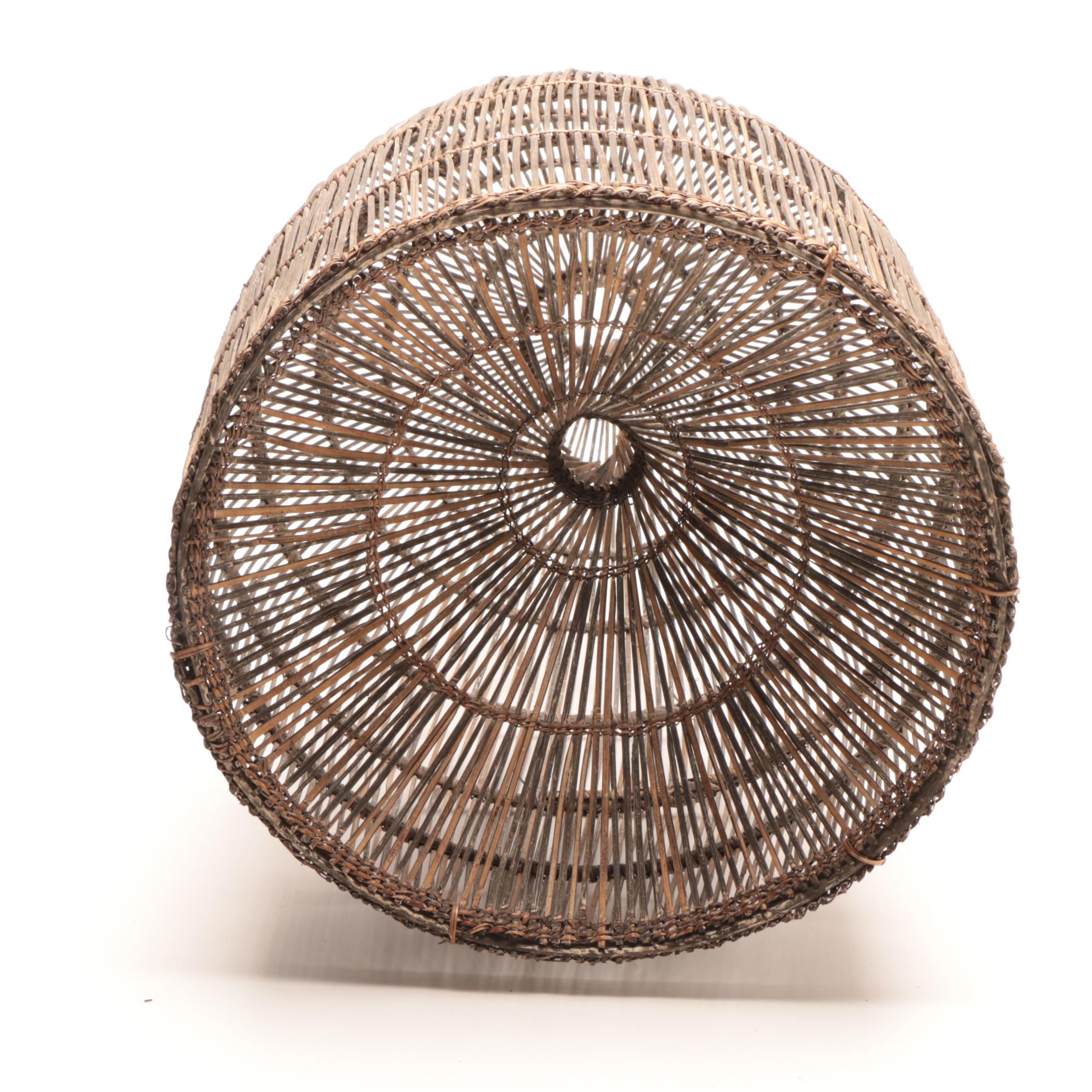Grouping of Hand Woven Wicker Baskets Including Fishing Trap Style Basket