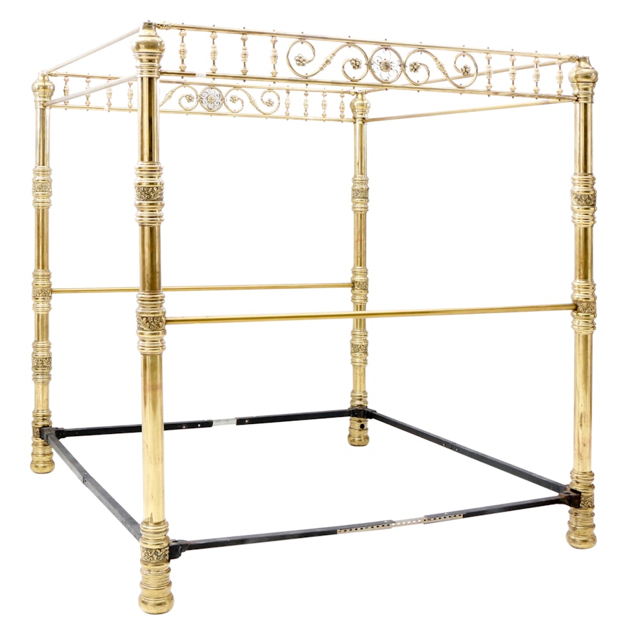 Victorian Brass Canopy Bed Frame Extended to King Size, late 19th Century