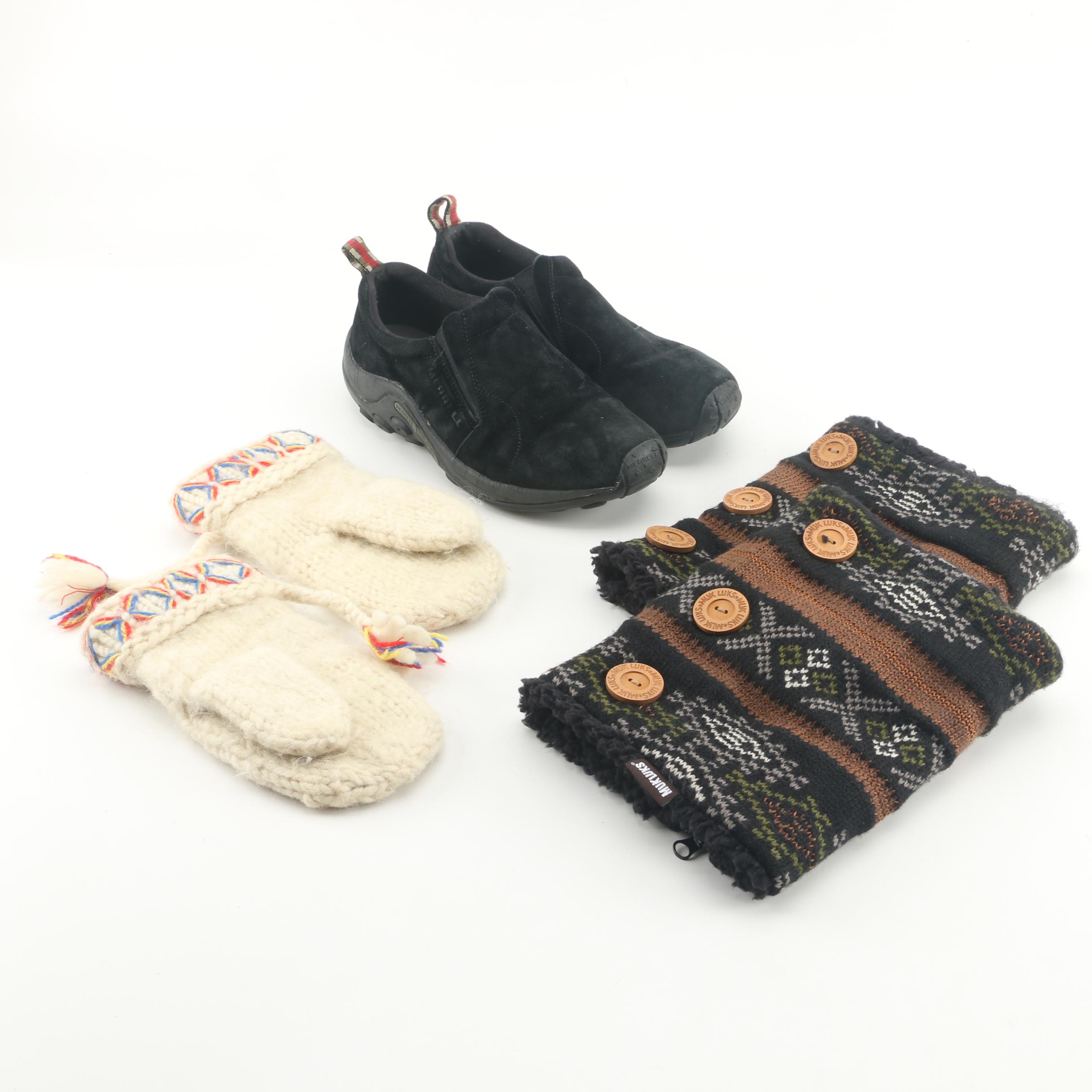 Merrell Jungle Mocs with Muk Luk Boot Covers and Knit Wool Mittens