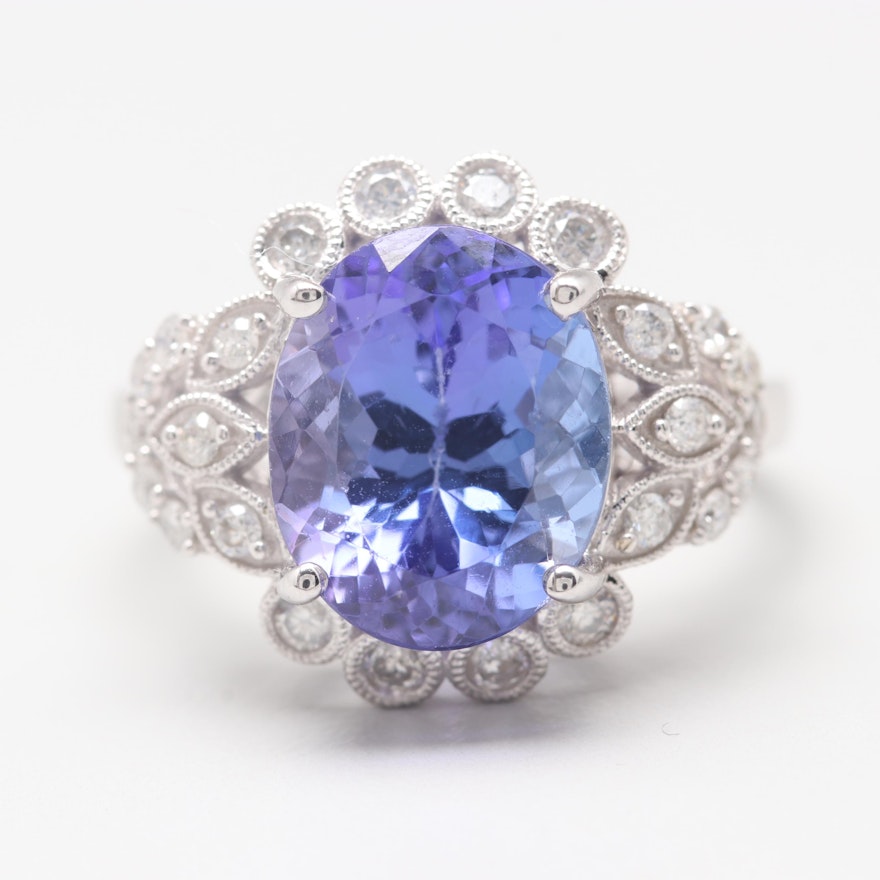 14K White Gold 5.35 CT Tanzanite and Diamond Ring