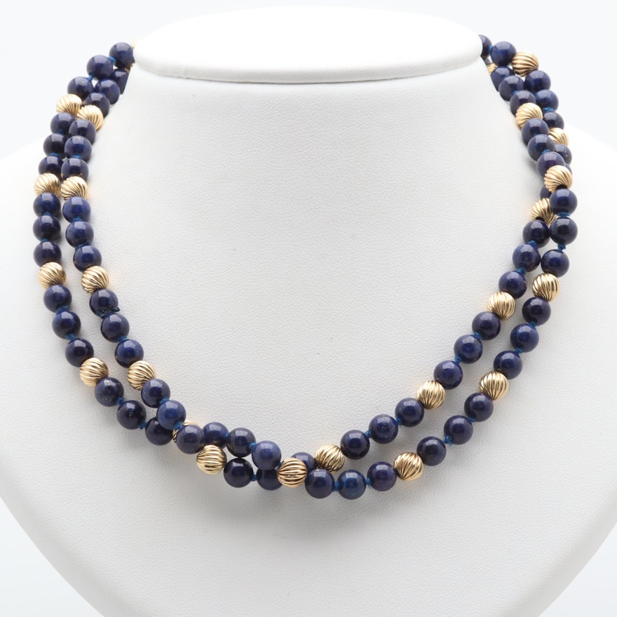 14K Yellow Gold Lapis Lazuli Beaded Necklace