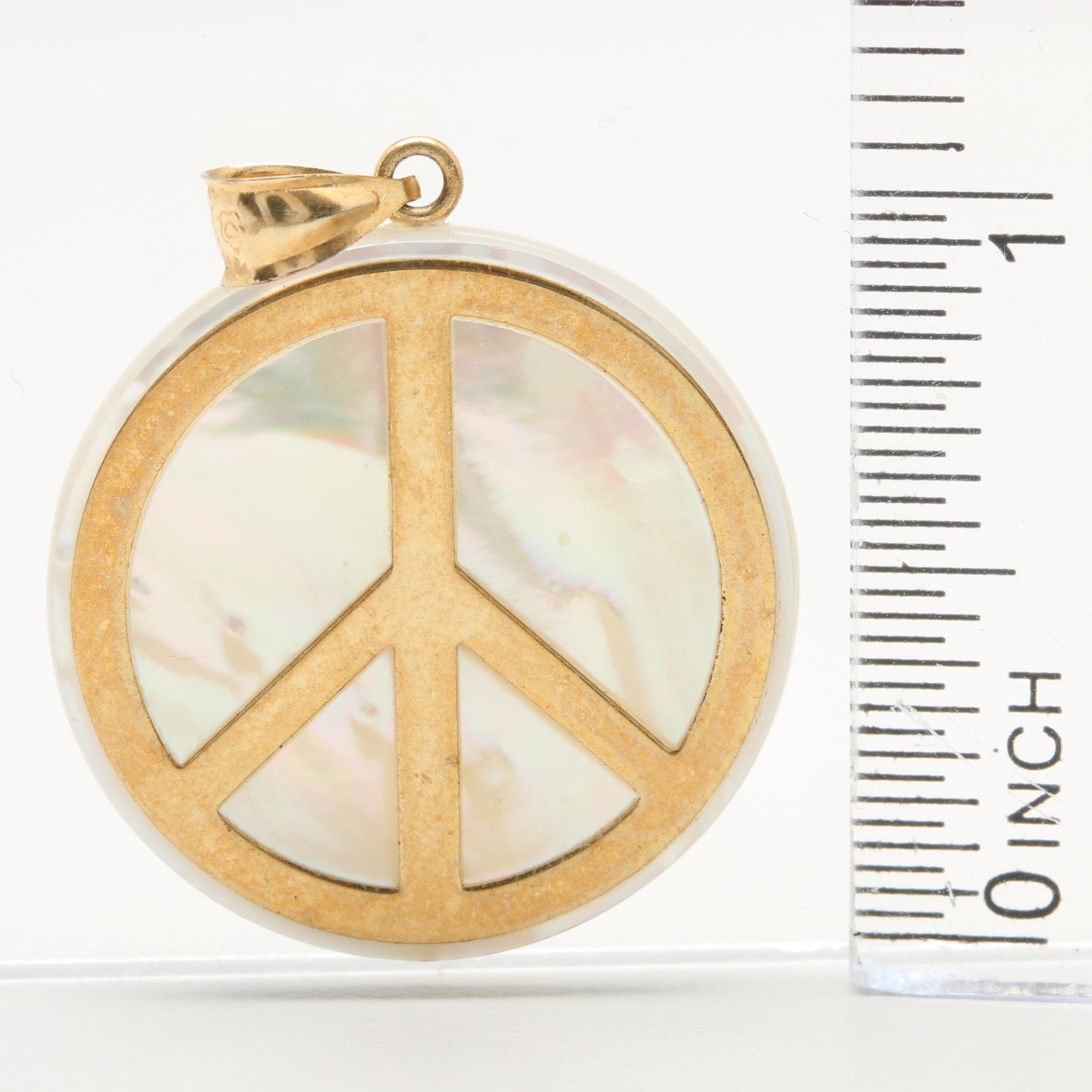 14K Yellow Gold Mother of Pearl Peace Sign Pendant