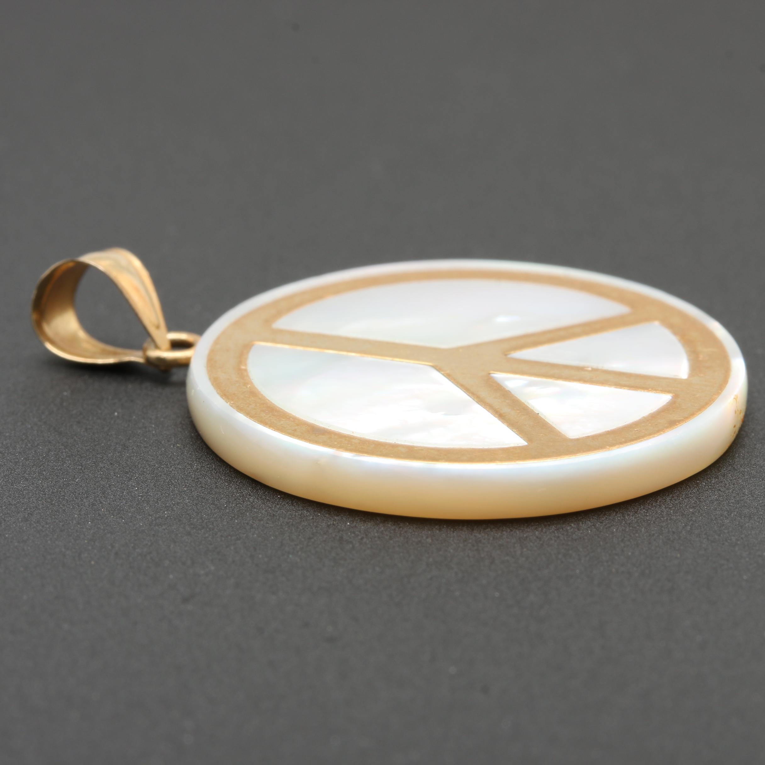 14K Yellow Gold Mother of Pearl Peace Sign Pendant