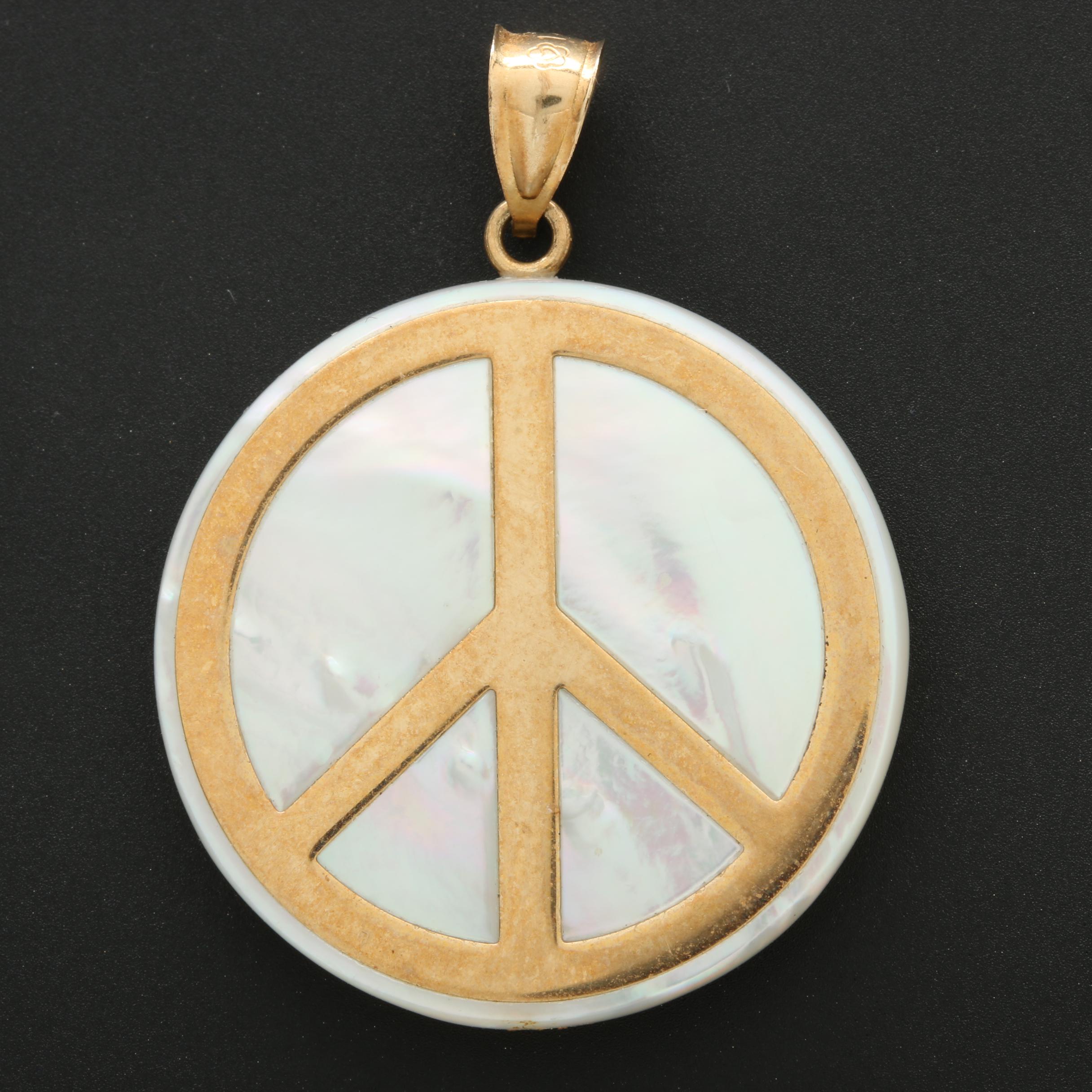 14K Yellow Gold Mother of Pearl Peace Sign Pendant
