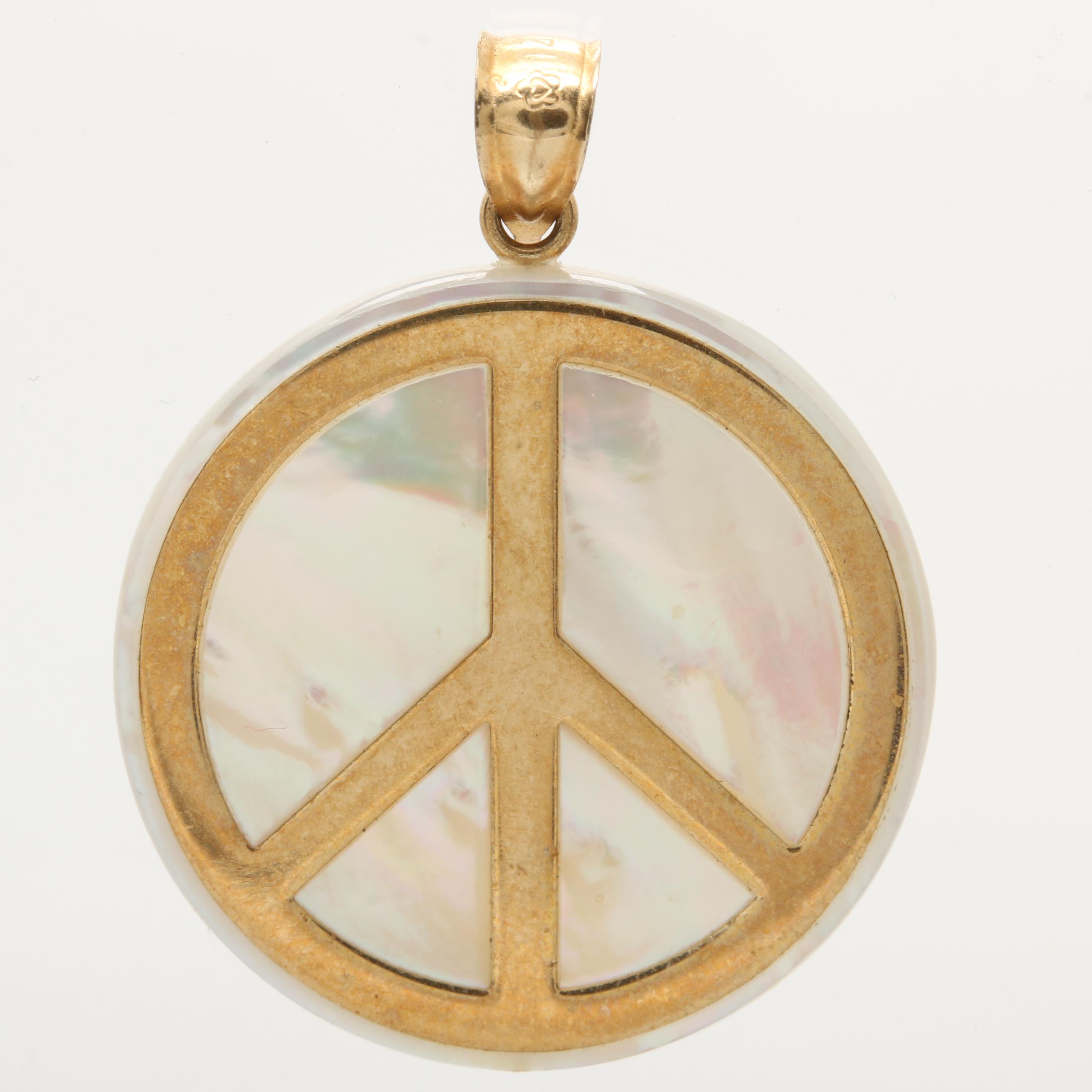 14K Yellow Gold Mother of Pearl Peace Sign Pendant