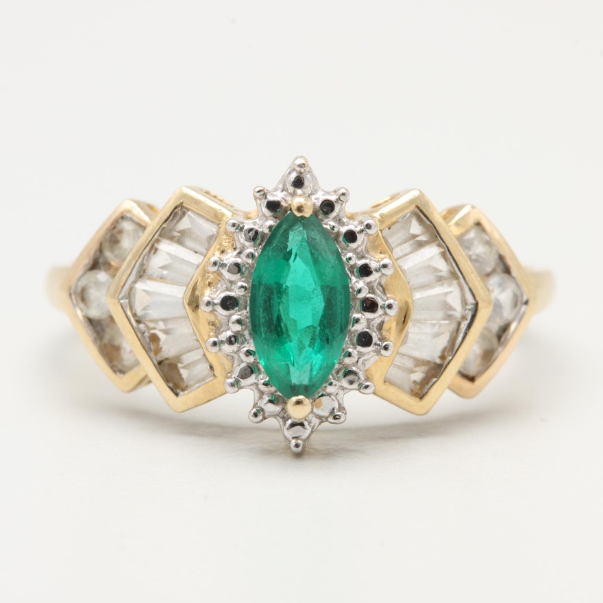 10K Yellow Gold Synthetic Emerald and Synthetic White Sapphire Ring