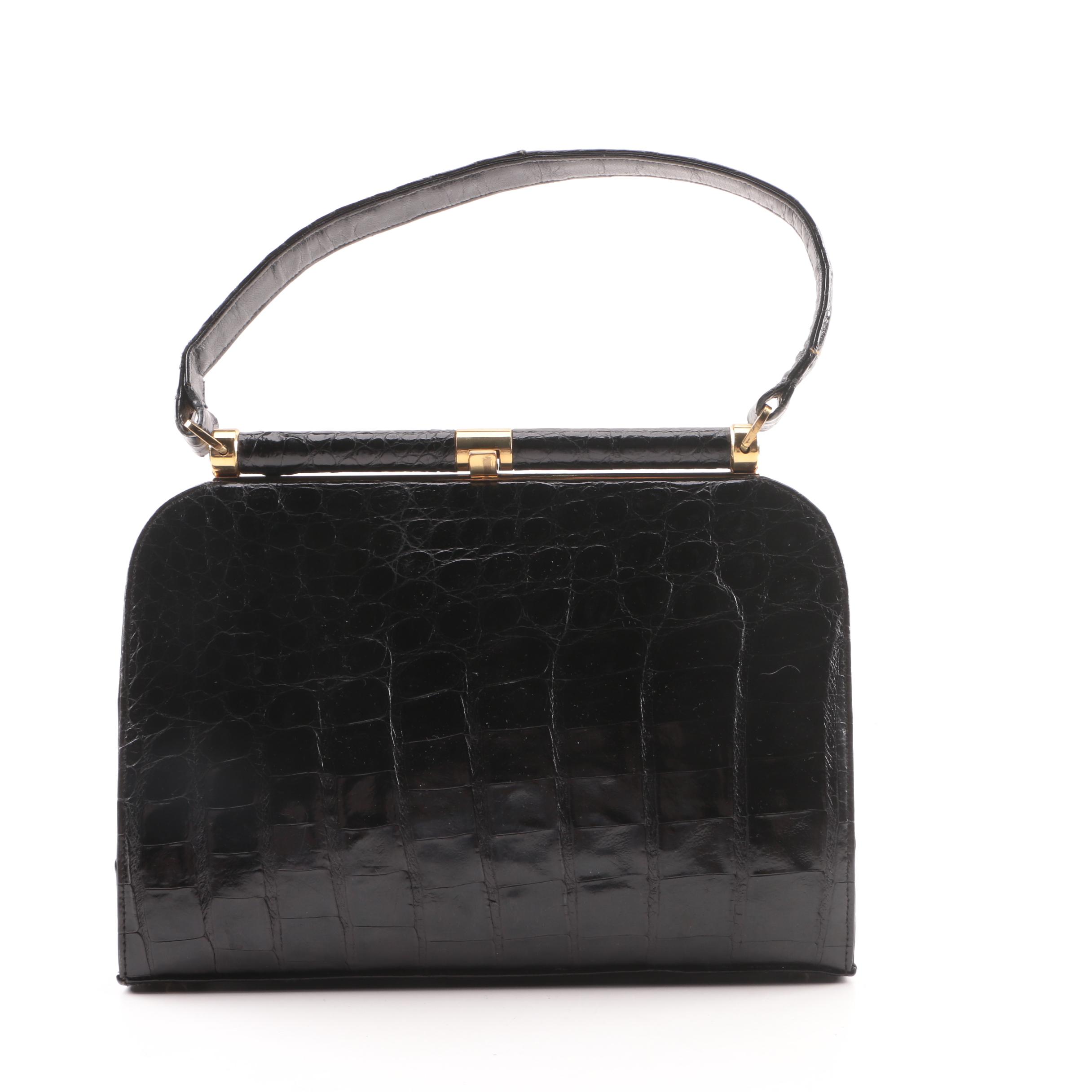 Vintage Saks Fifth Avenue Black Alligator Frame Top Handle Bag