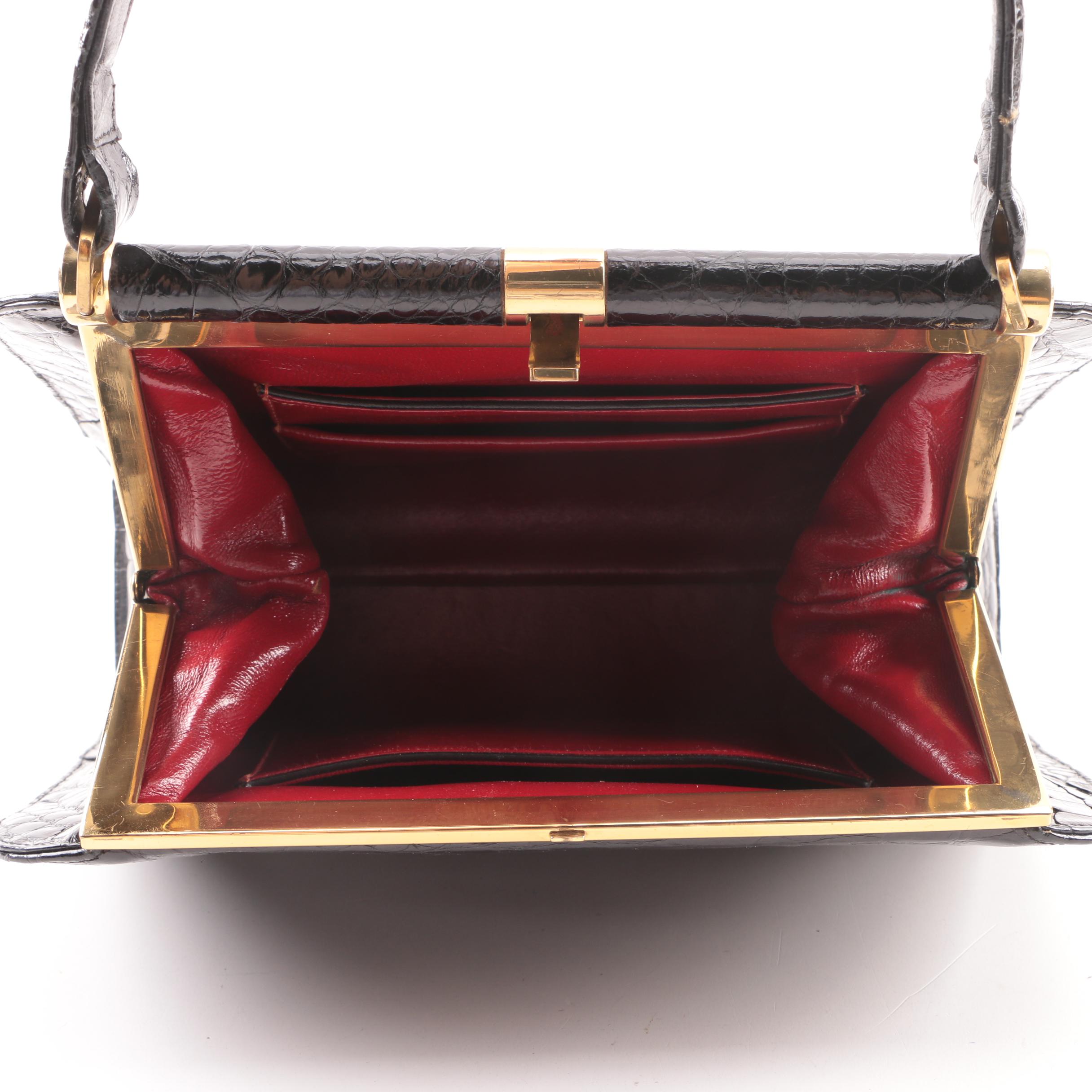 Vintage Saks Fifth Avenue Black Alligator Frame Top Handle Bag