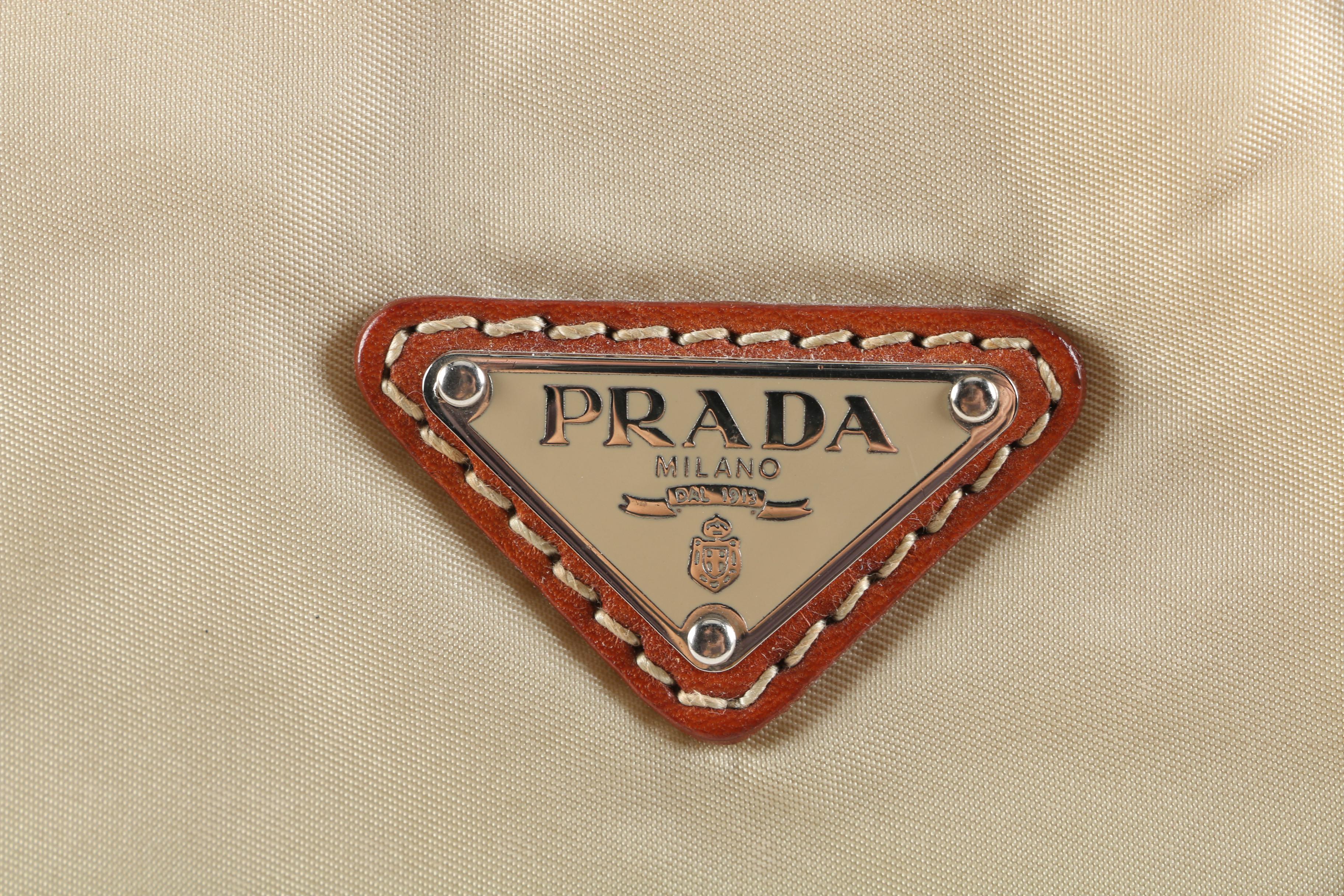 Prada Beige Nylon and Tan Leather Shoulder Bag