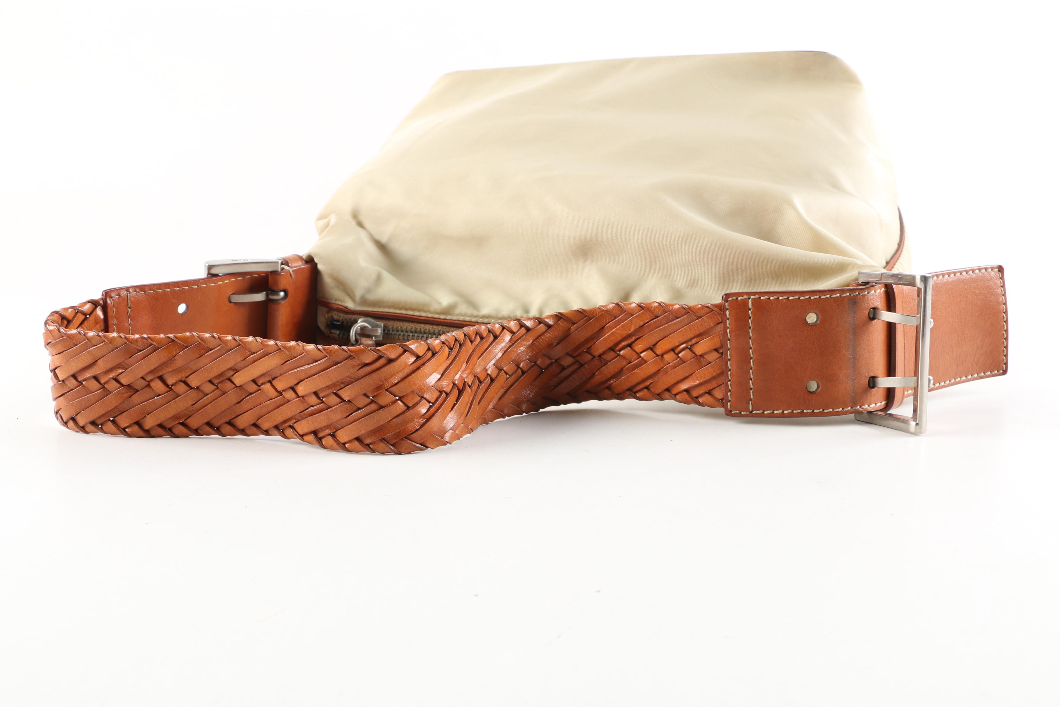 Prada Beige Nylon and Tan Leather Shoulder Bag