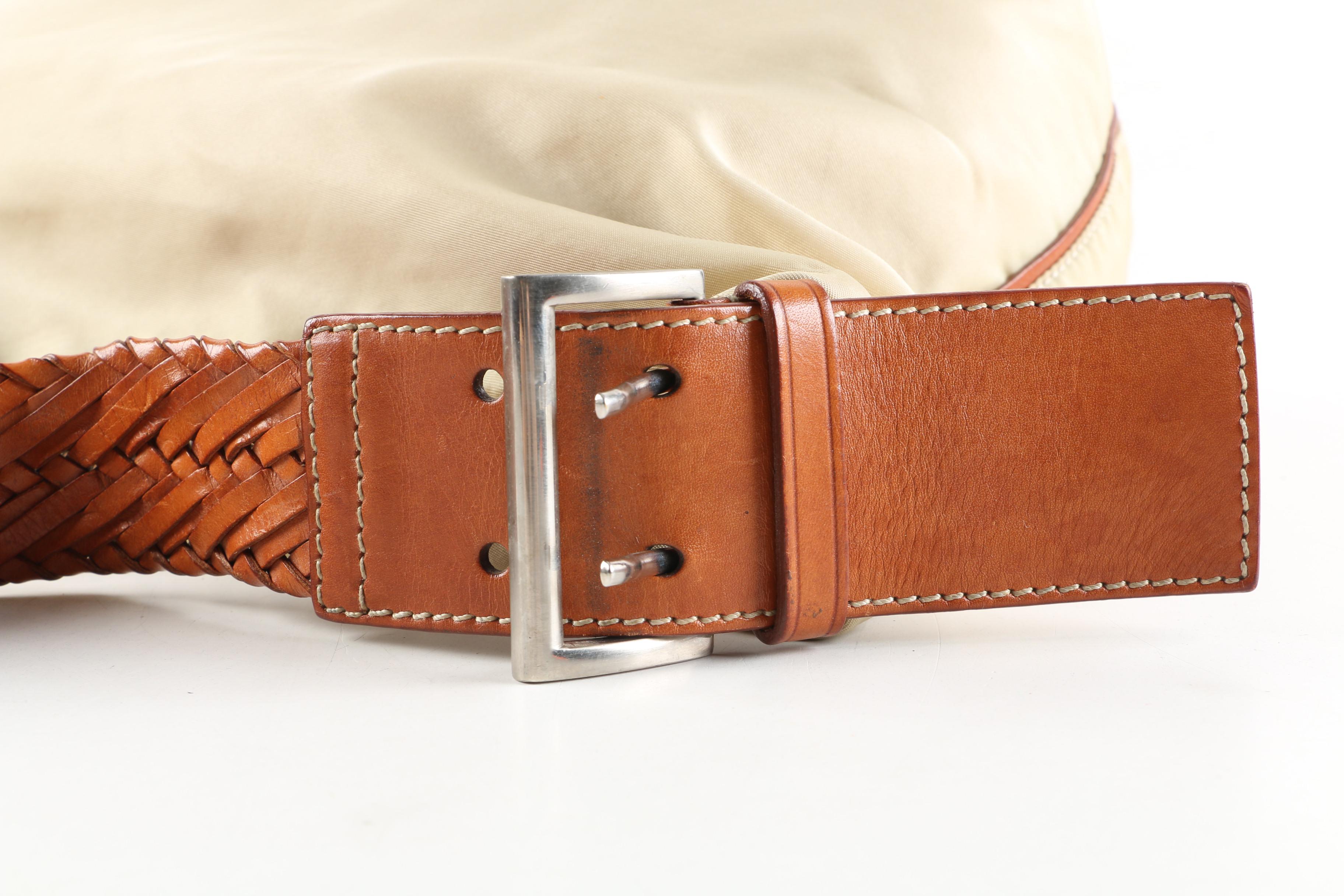 Prada Beige Nylon and Tan Leather Shoulder Bag
