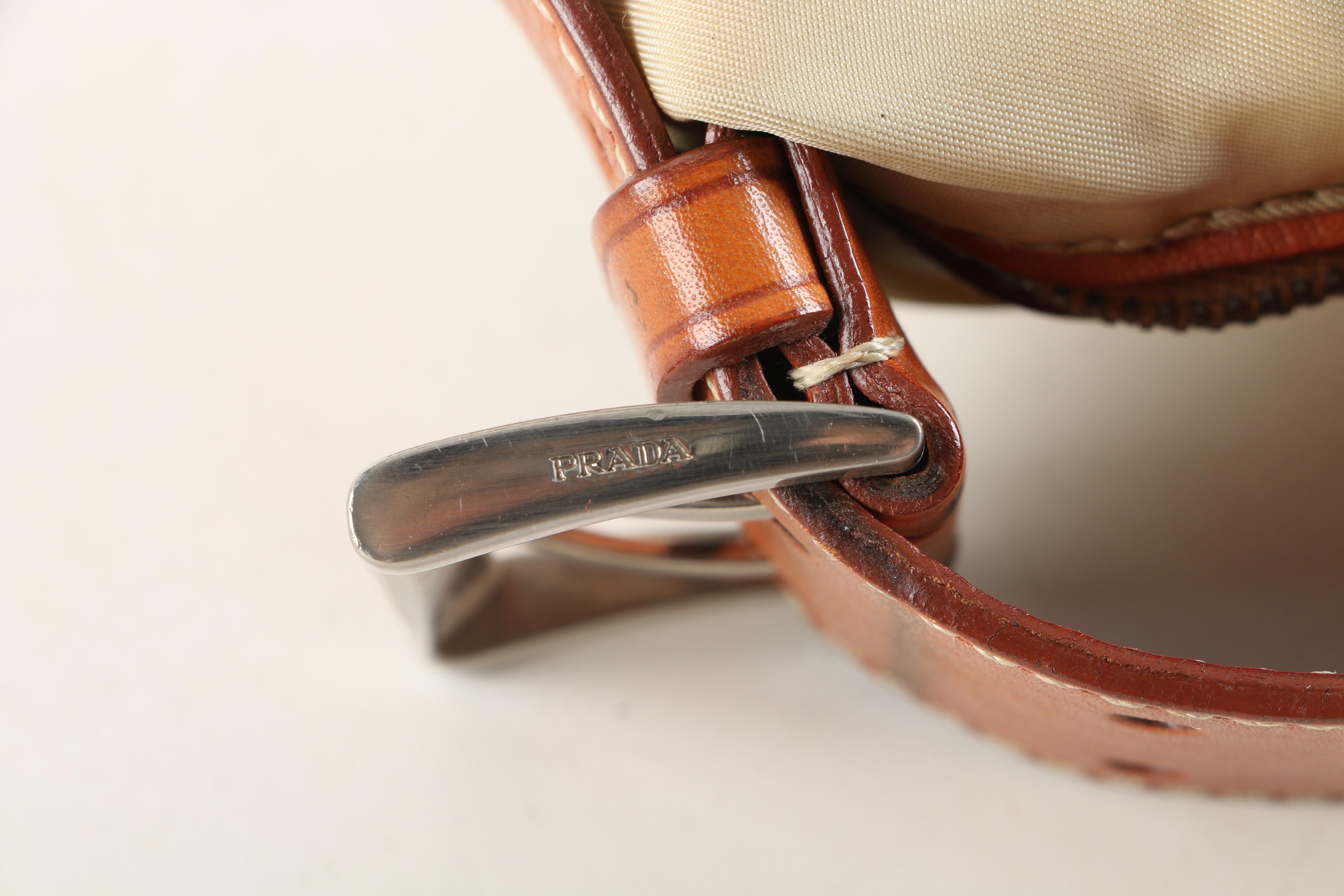 Prada Beige Nylon and Tan Leather Shoulder Bag