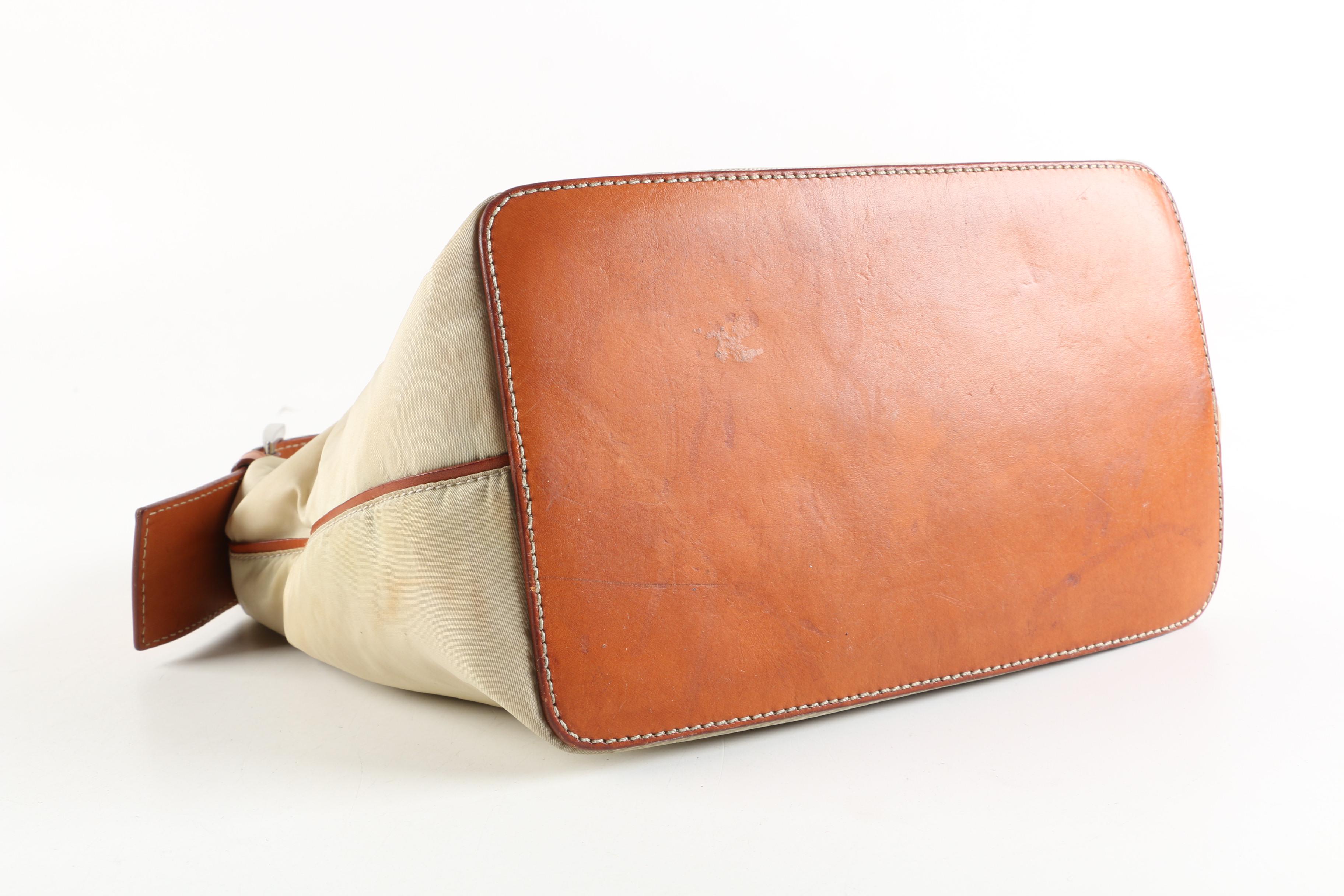 Prada Beige Nylon and Tan Leather Shoulder Bag
