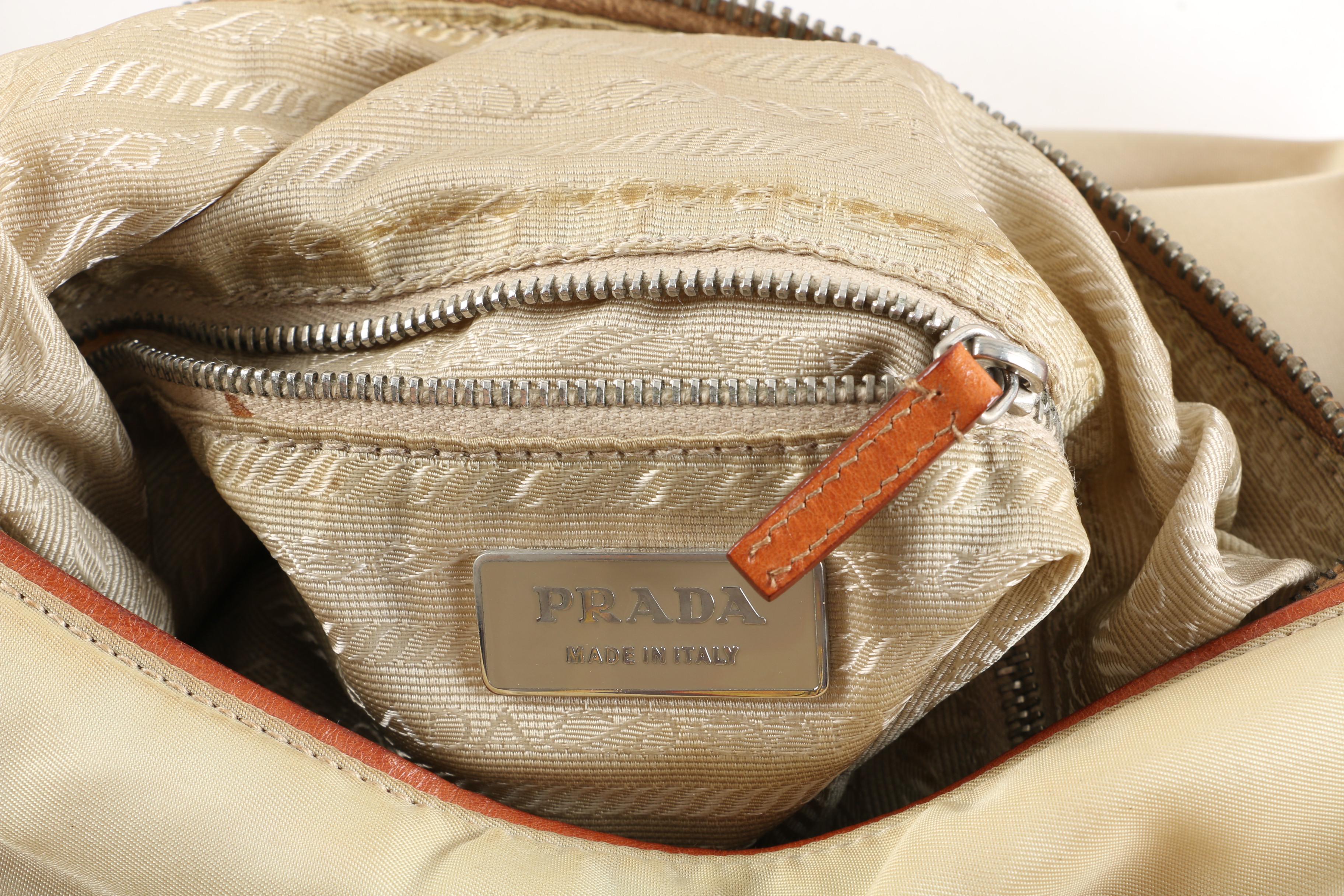 Prada Beige Nylon and Tan Leather Shoulder Bag