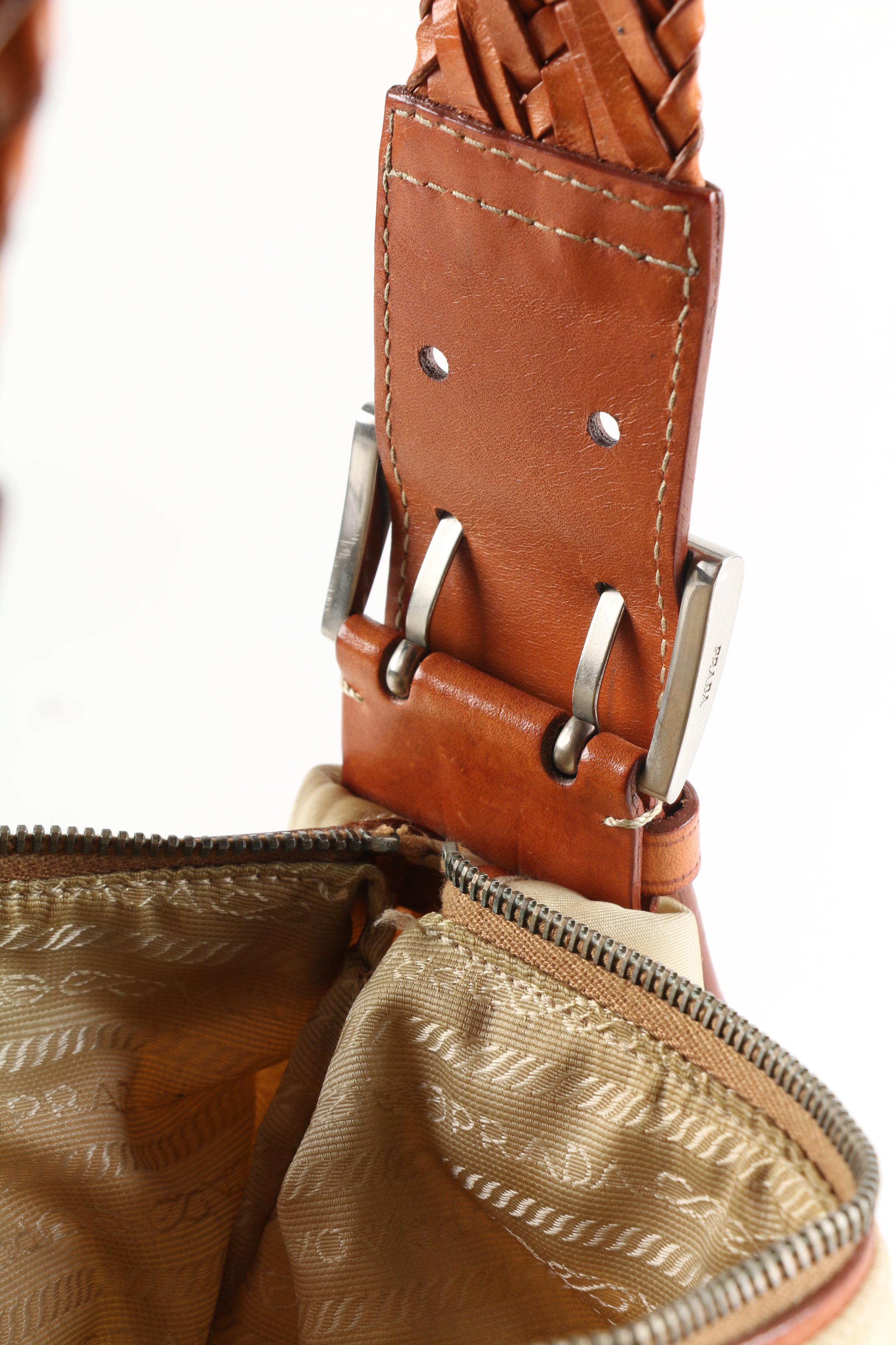 Prada Beige Nylon and Tan Leather Shoulder Bag