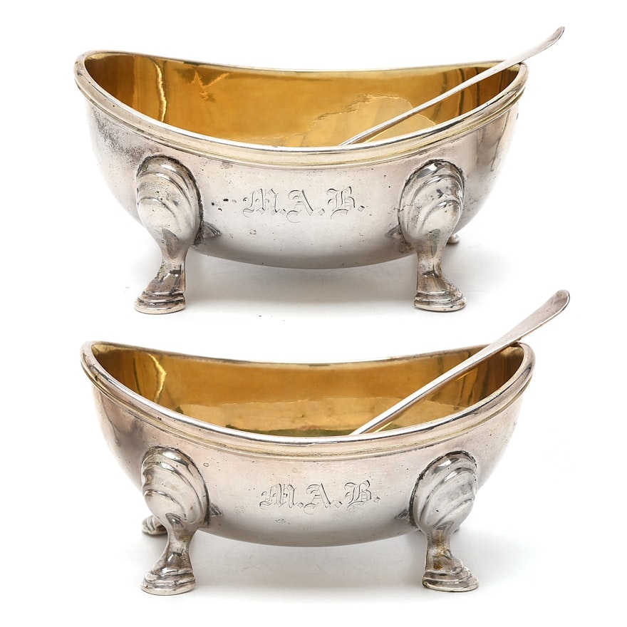 Pair of American 900 Silver Salt Cellars and Sterling Silver Spoons, Circa 1850
