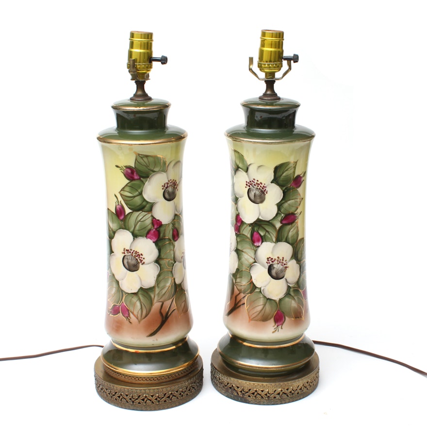 1940s Hobbyist Painted Christmas Rose Ceramic Table Lamps