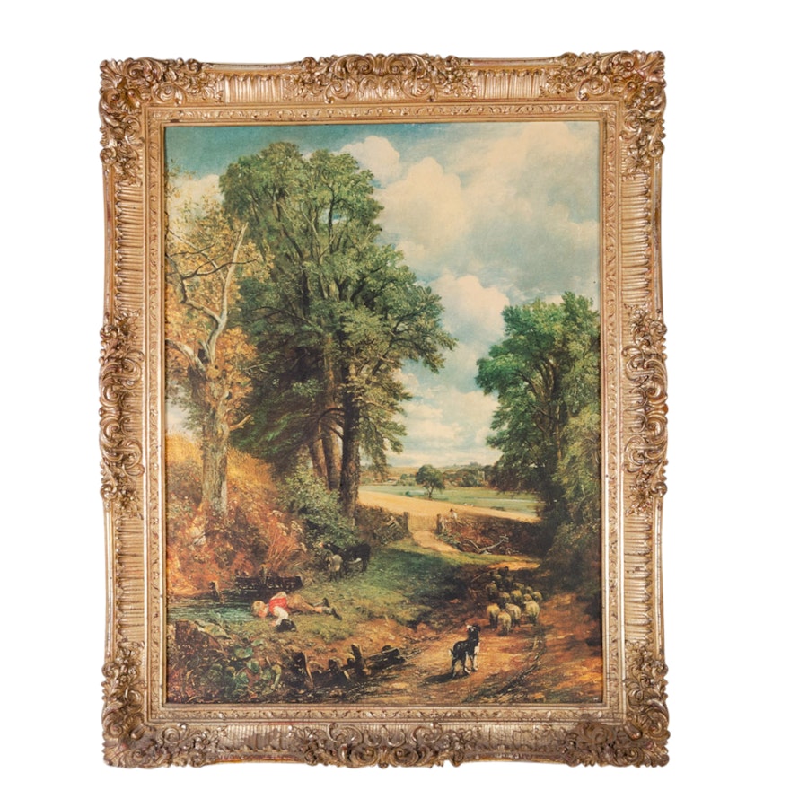 Vintage Landscape Offset Lithograph in Ornate Carved Gilt Frame