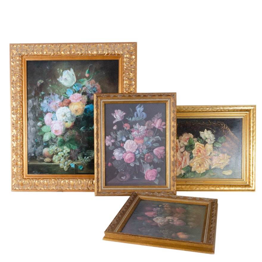 Vintage Floral Offset Lithographs in Ornate Gilt Frames