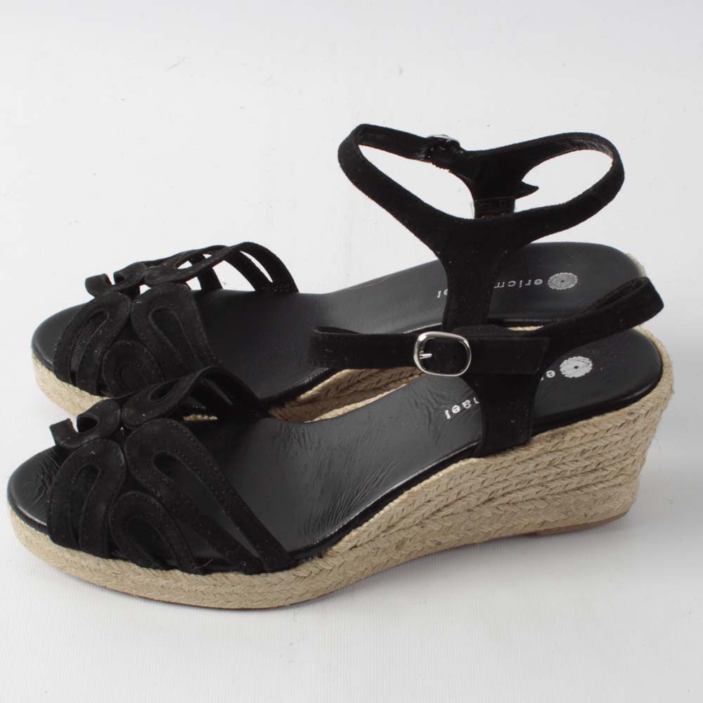 Eric Michaels Black Suede Marilyn Wedge Sandals