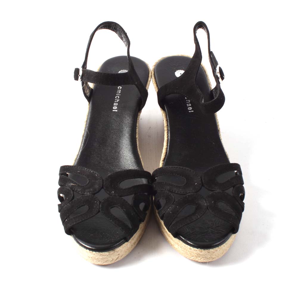 Eric Michaels Black Suede Marilyn Wedge Sandals