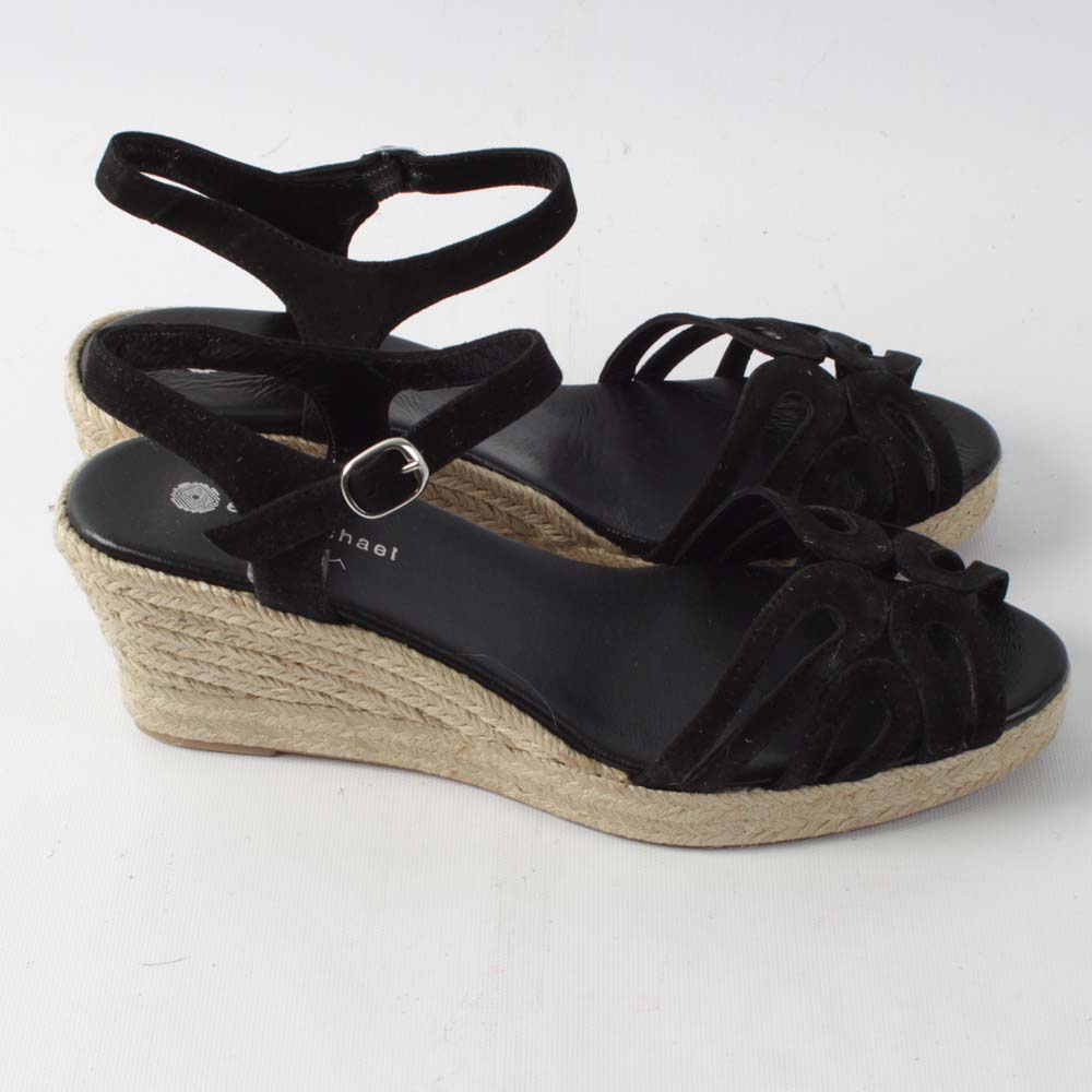 Eric Michaels Black Suede Marilyn Wedge Sandals