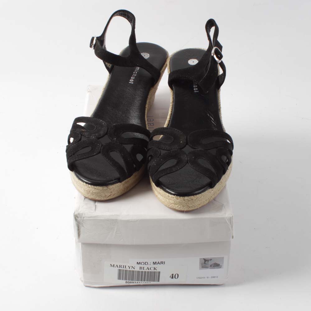 Eric Michaels Black Suede Marilyn Wedge Sandals