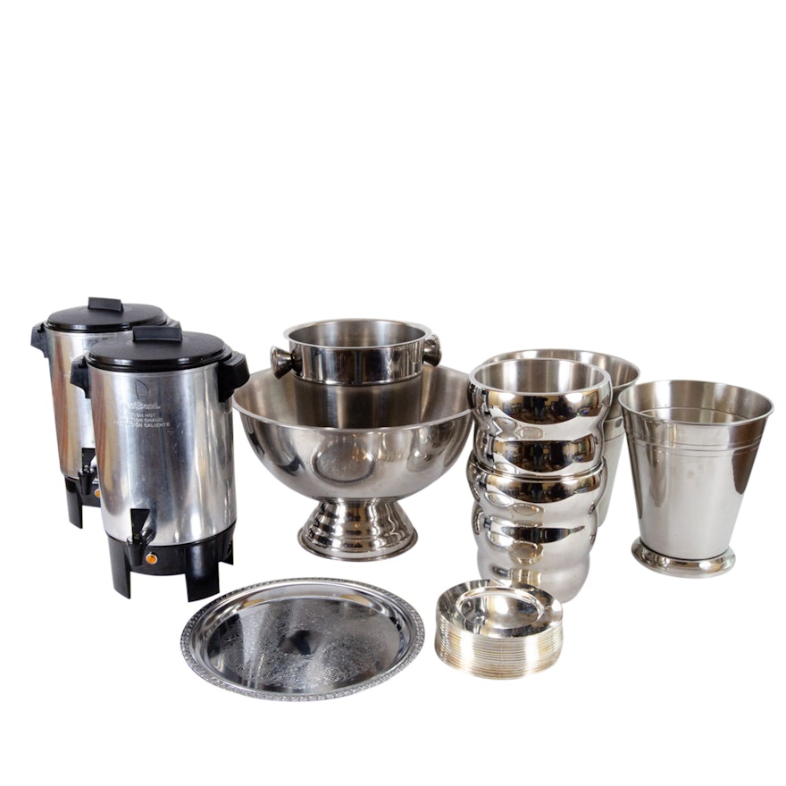 Westbend Coffee Perculators and Stainless Steel and Silverplate Serveware