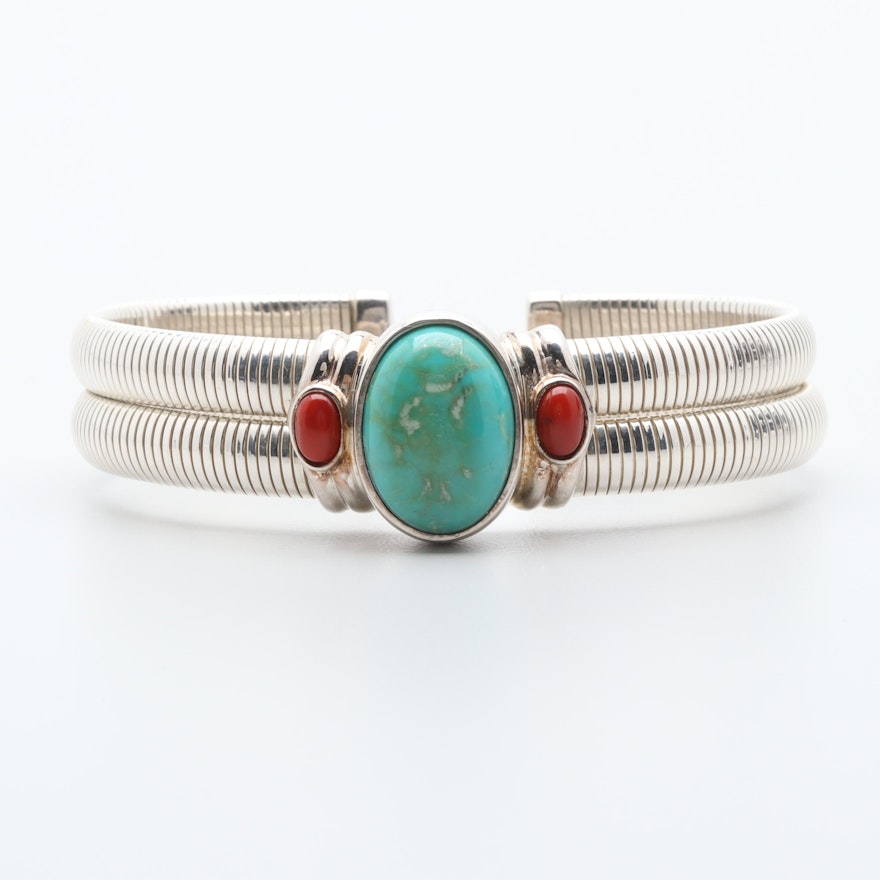 Joseph Esposito Sterling Silver Turquoise and Coral Flex Fit Cuff Bracelet